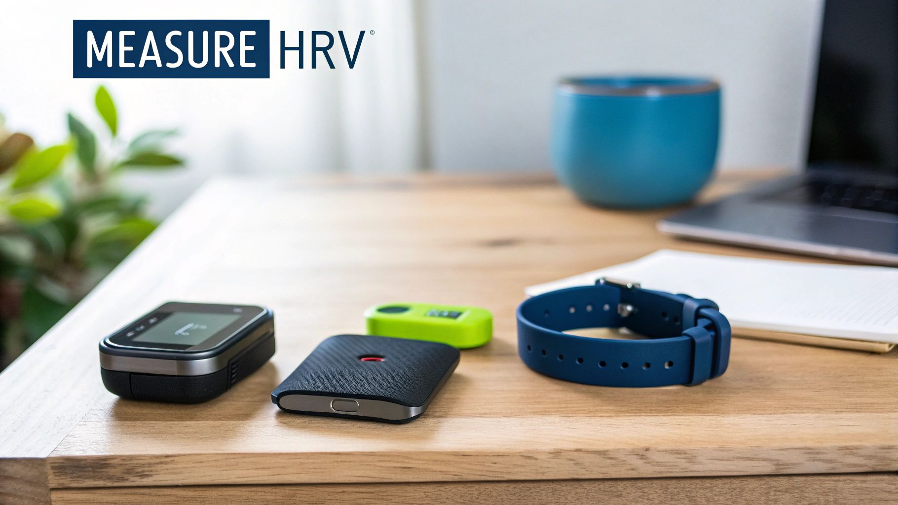 Heart rate variability monitoring devices including fitness tracker, chest strap sensor, and wristband on desk