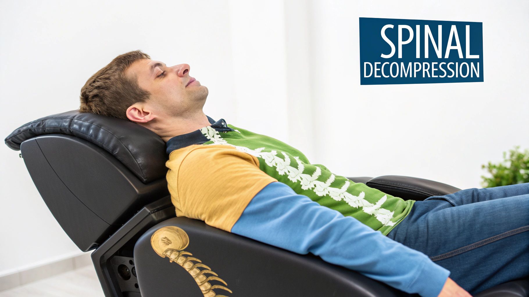 A man relaxing on a black spinal decompression therapy chair with a golden spine design.