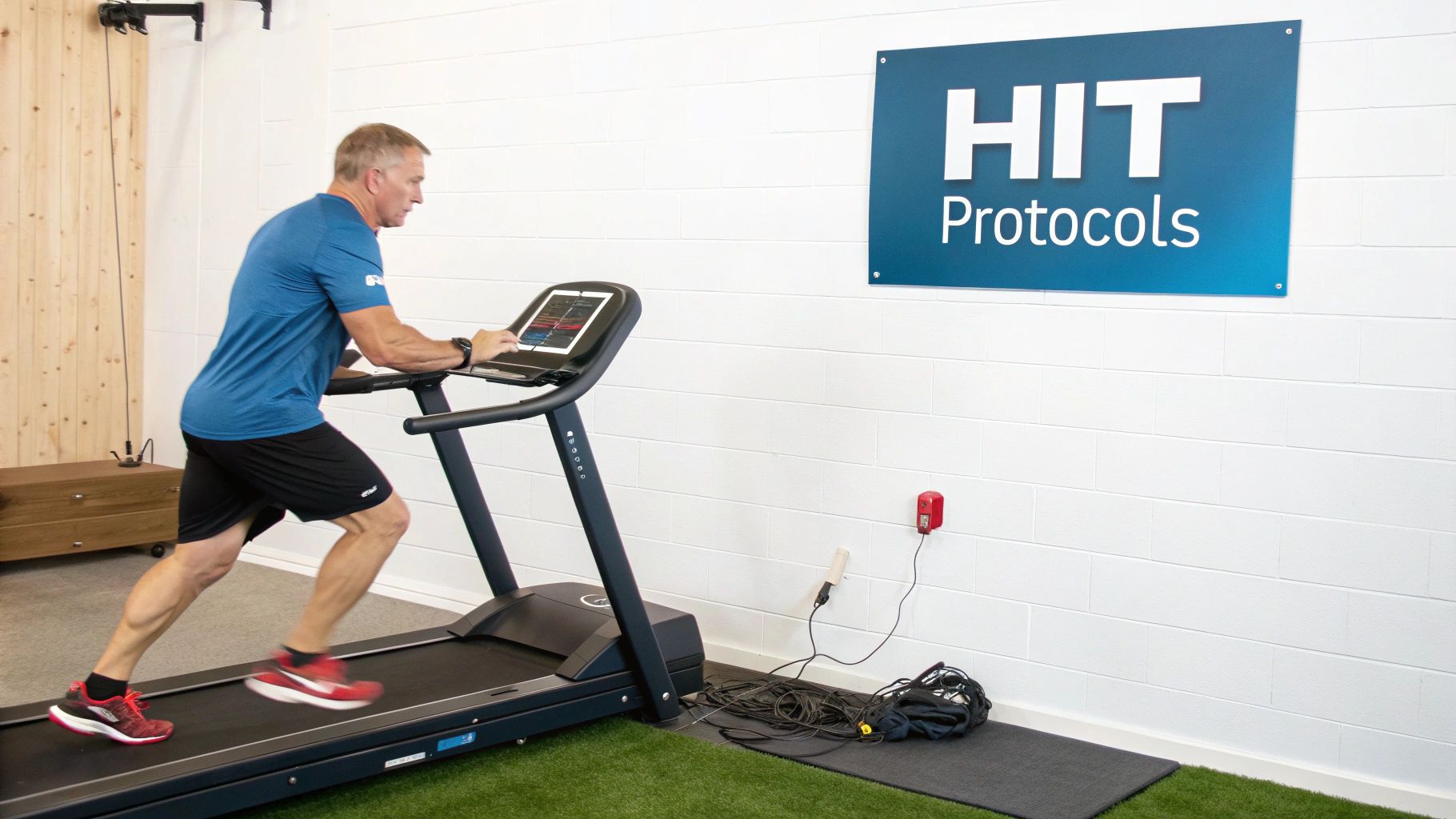 A man runs on a treadmill in a modern fitness facility, monitoring his workout on a tablet screen.