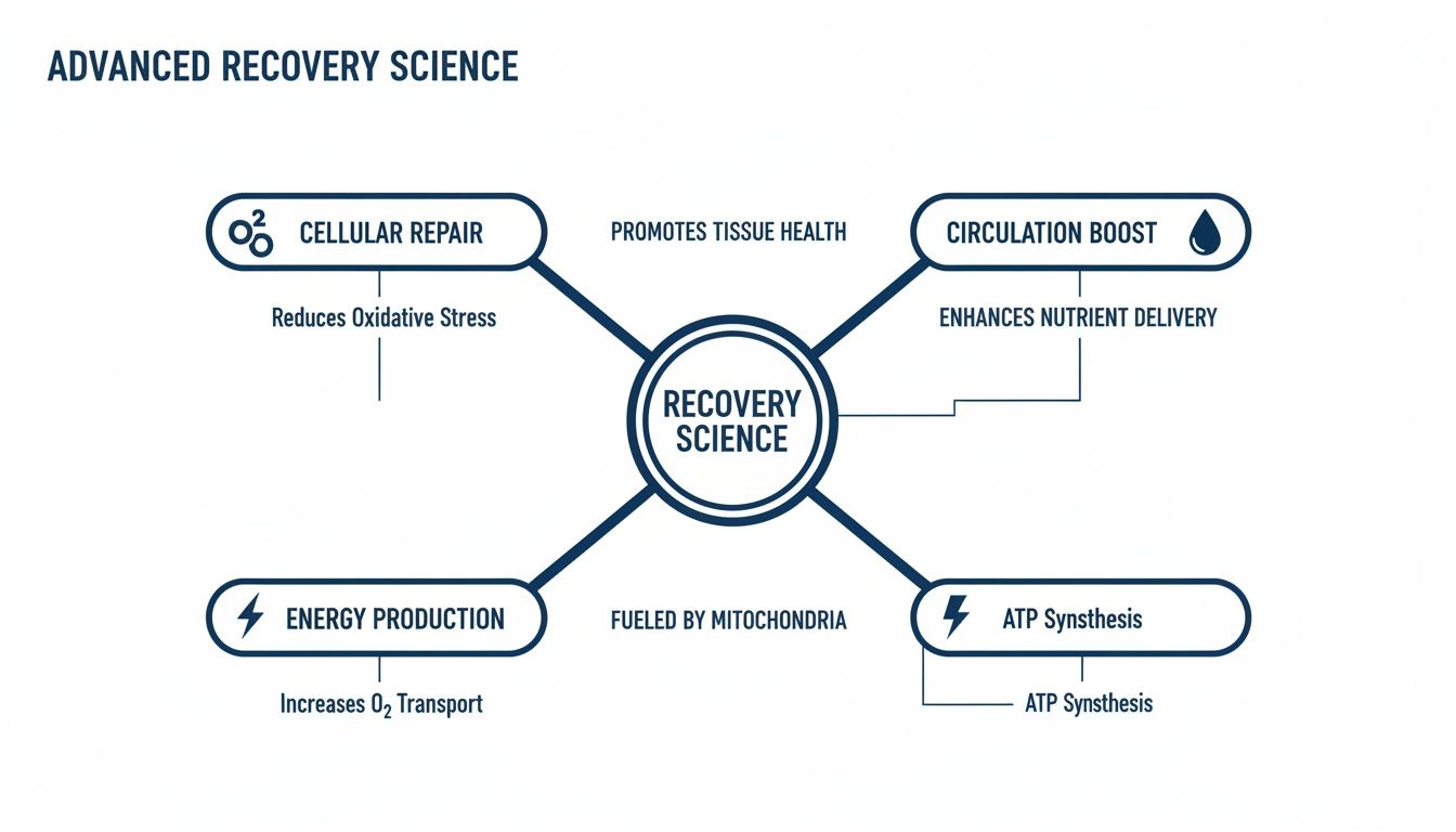 A diagram illustrating Advanced Recovery Science, showing its benefits including cellular repair, circulation boost, energy production, and ATP synthesis.