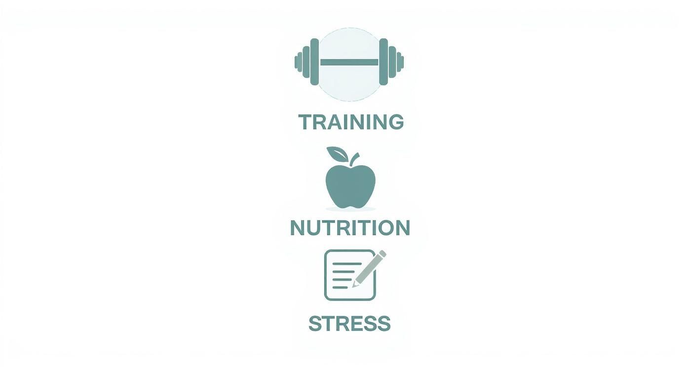 Infographic showing three pillars of HRV improvement: training with barbell, nutrition with apple, and stress management with notepad