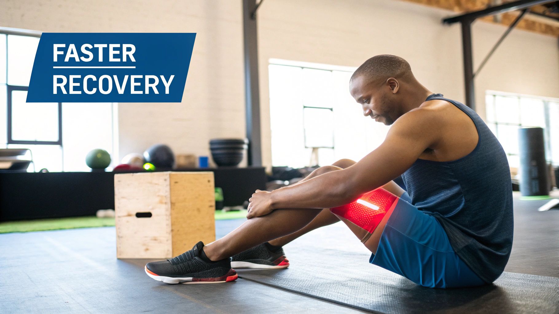 A man uses a red light therapy device on his knee for faster recovery after exercise.