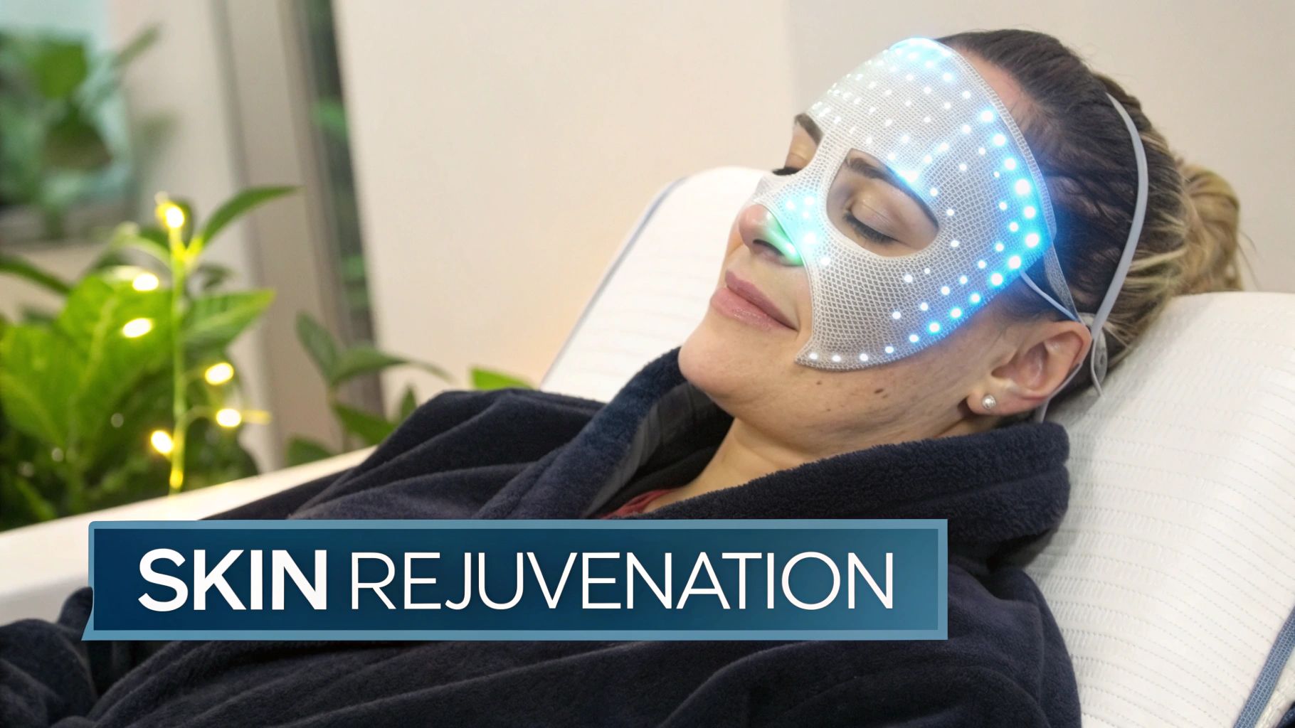 A woman relaxes wearing a blue and green LED light therapy mask for skin rejuvenation.