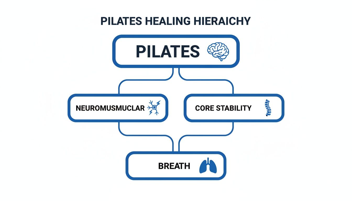 A diagram illustrating the Pilates Healing Hierarchy, connecting Pilates to neuromuscular, core stability, and breath.