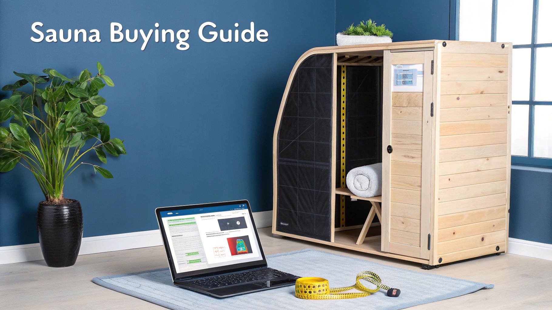 A light wood portable sauna indoors with a laptop displaying a buying guide on a blue rug.