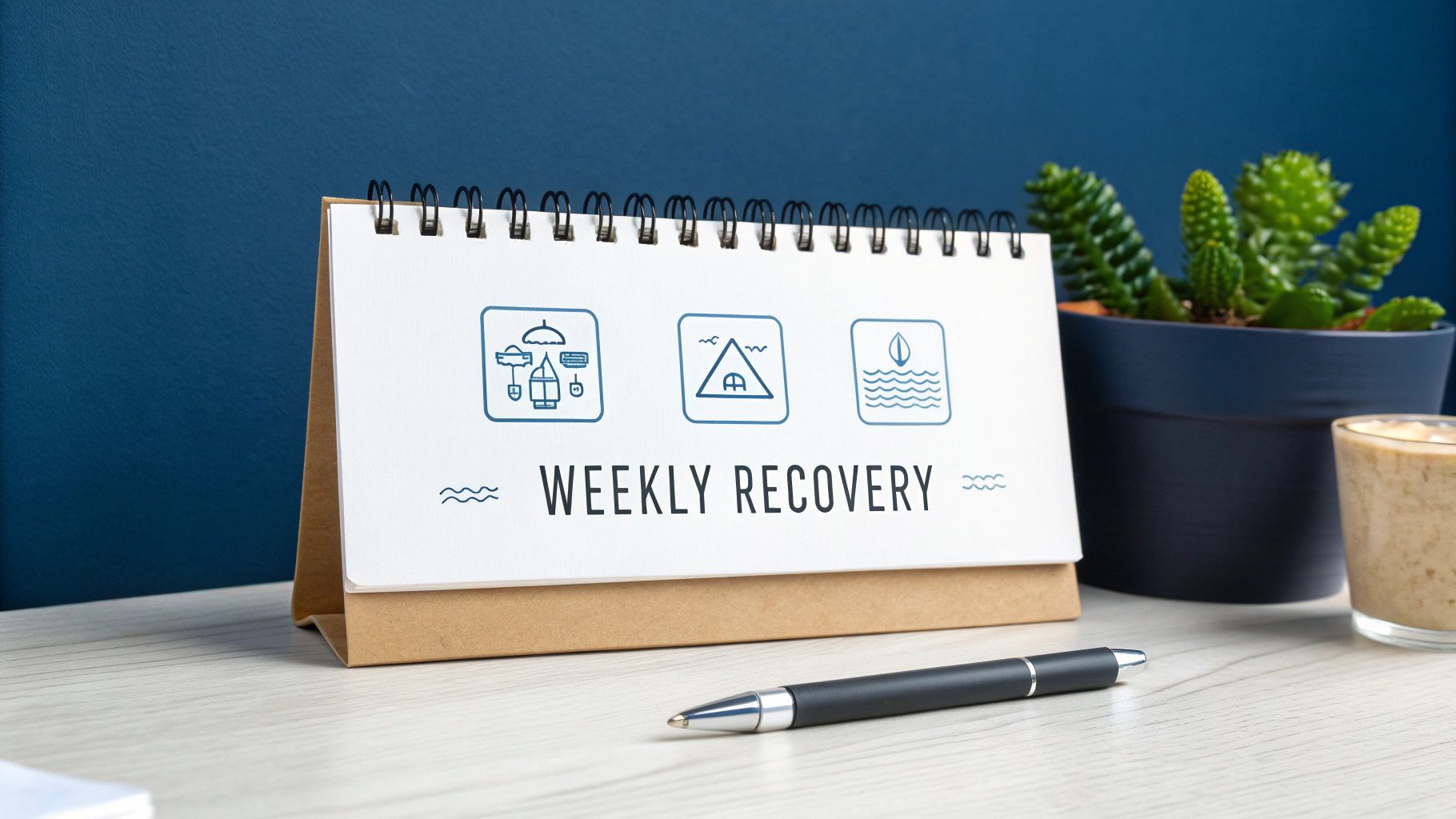 A desk calendar displays 'Weekly Recovery' with icons for spa, camping, and water activities.