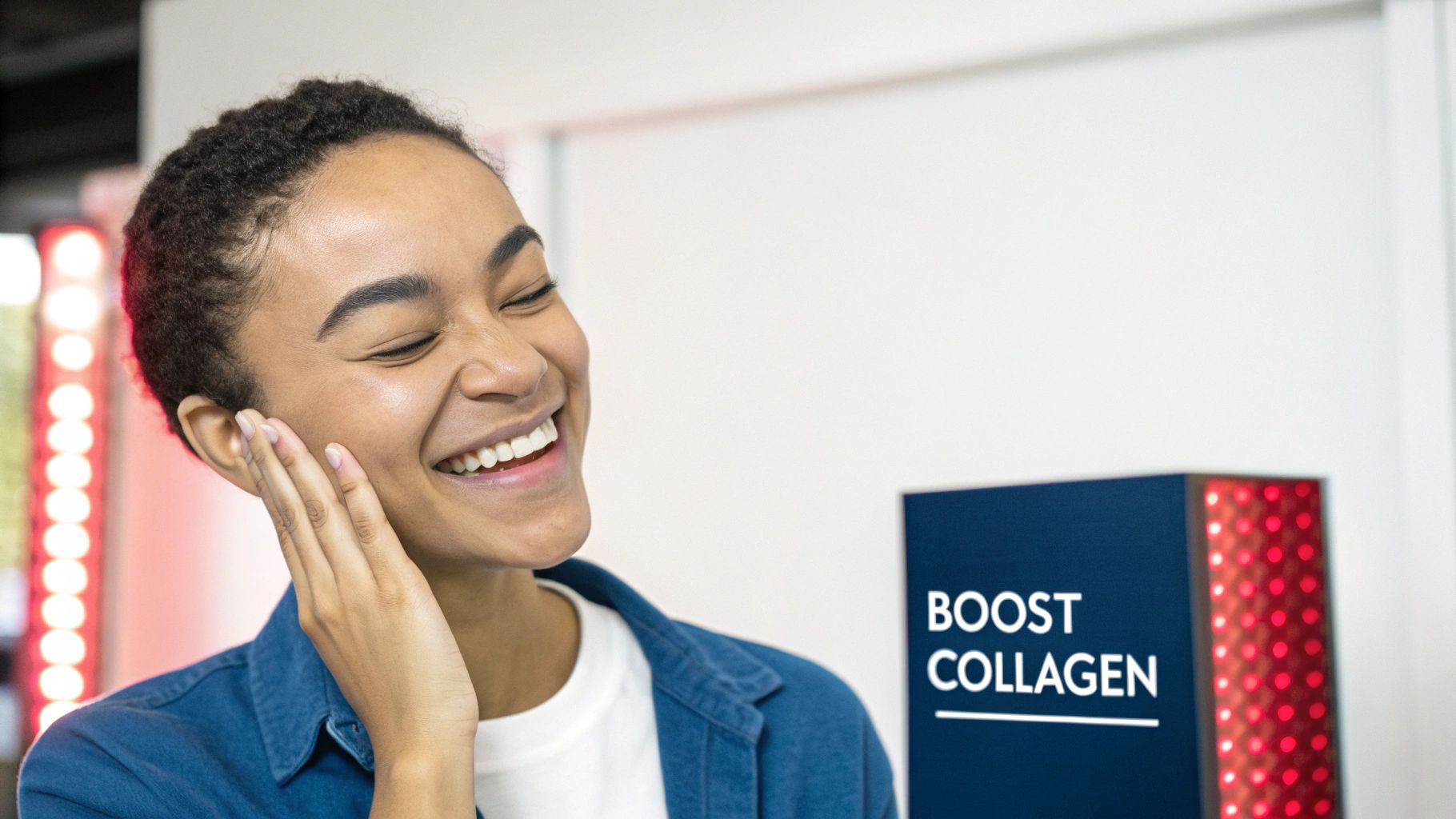 A smiling woman with short curly hair touching her cheek, next to a 'Boost Collagen' sign and red light panel.