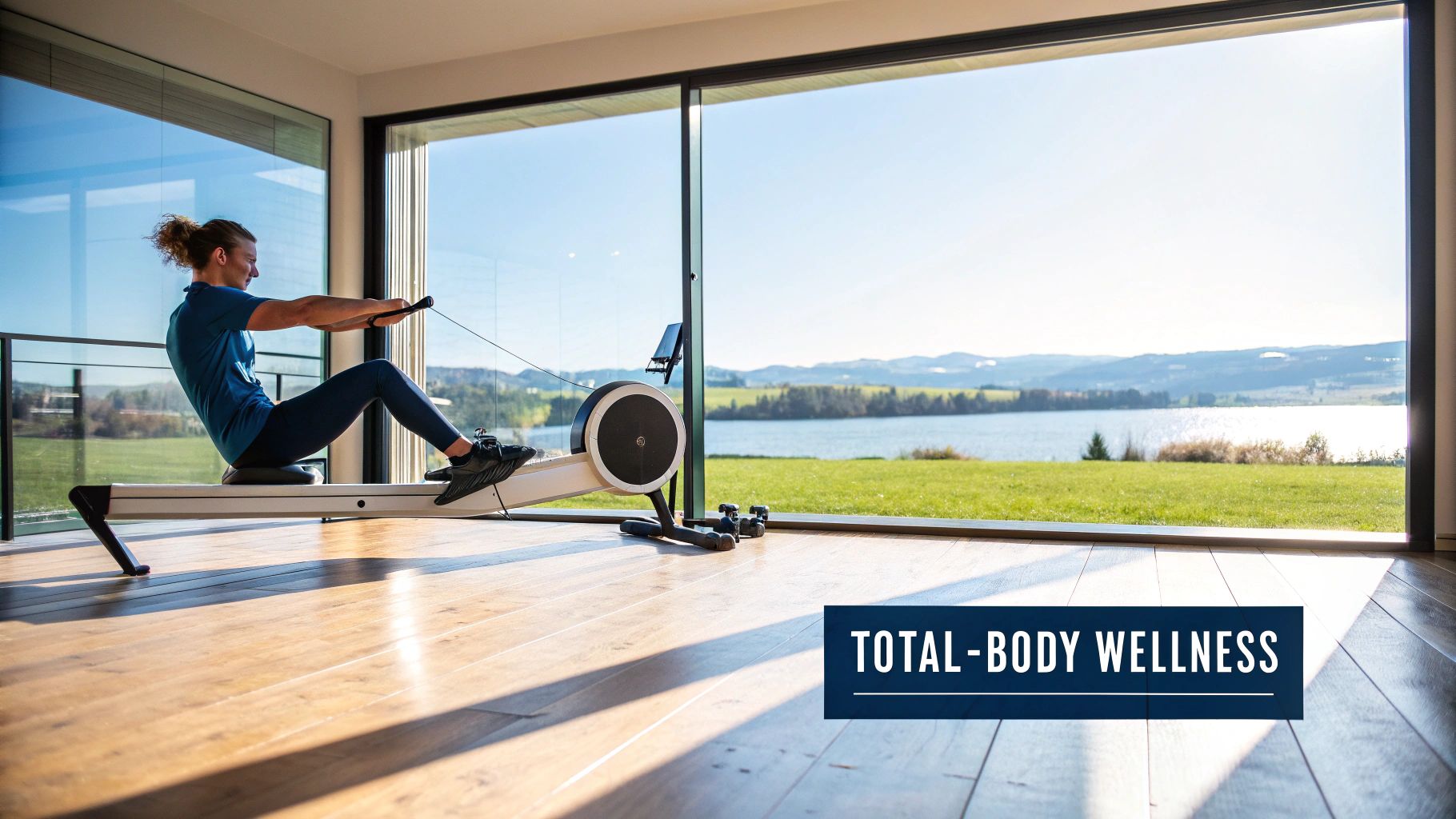 A person uses a rowing machine indoors, enjoying a scenic view of a lake and green landscape.