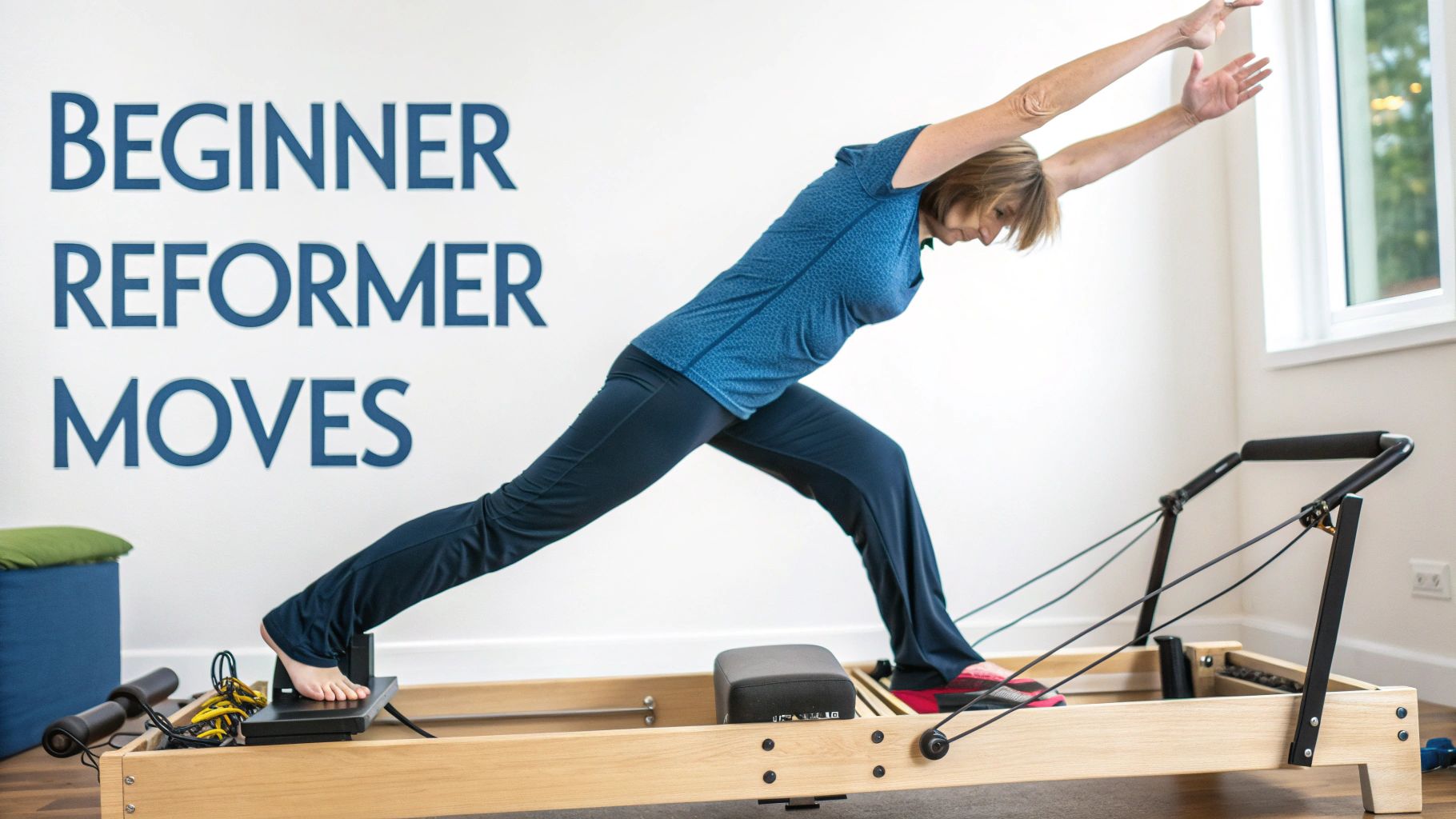 A woman performs a beginner lunging exercise on a wooden Pilates reformer machine in a bright studio.