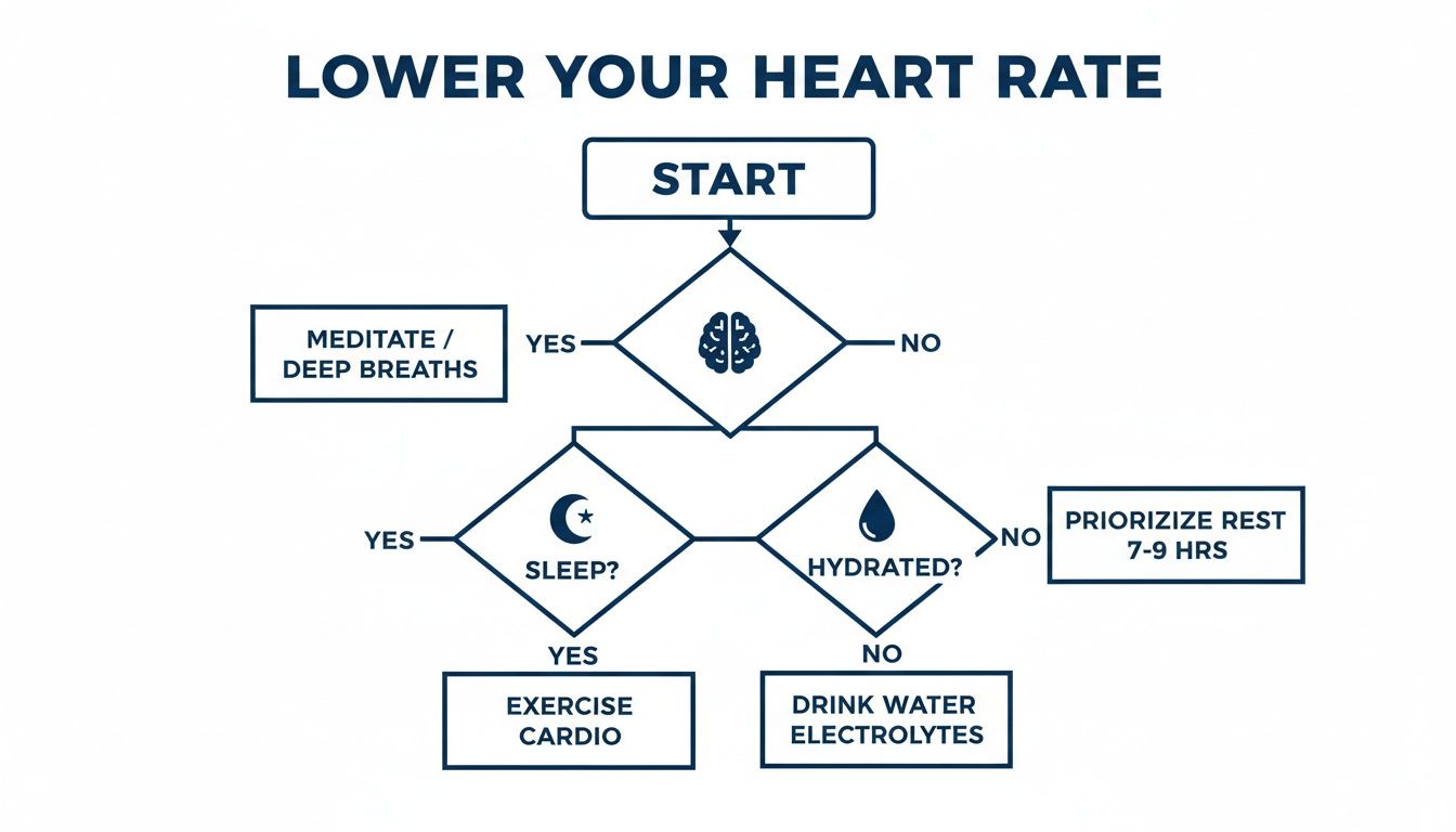 Flowchart illustrating steps to lower heart rate including meditation, sleep, hydration, and exercise for improved health.