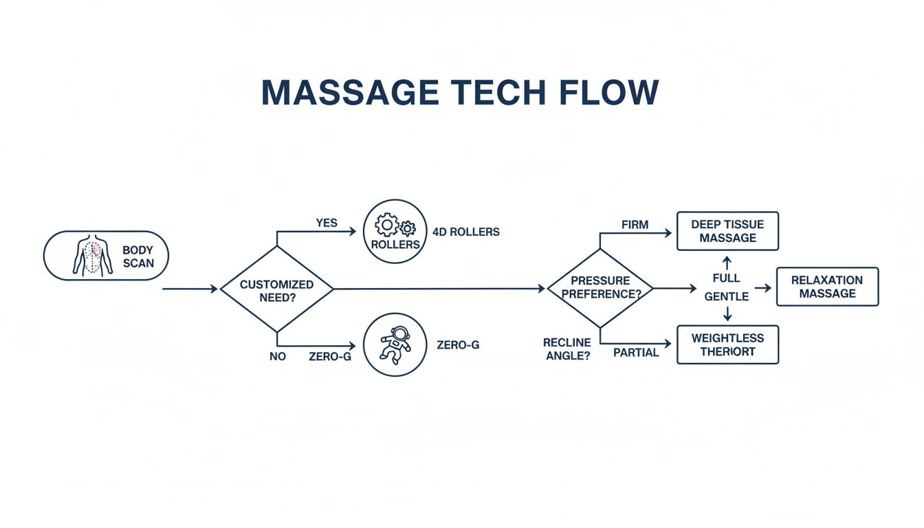 Flowchart illustrating the massage tech flow, from body scan and customization to various massage types and settings.