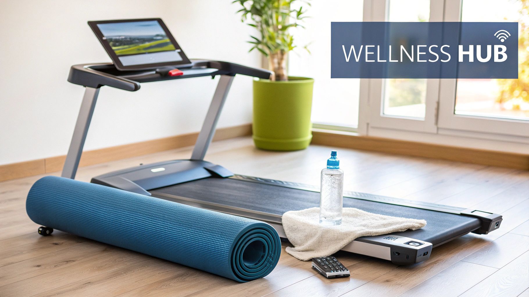 A home gym with a treadmill, yoga mat, water bottle, and tablet, labeled 'WELLNESS HUB'.