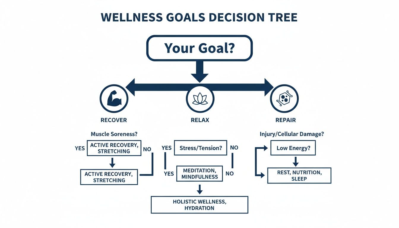 A wellness goals decision tree flowchart guiding users to recover, relax, or repair based on symptoms.