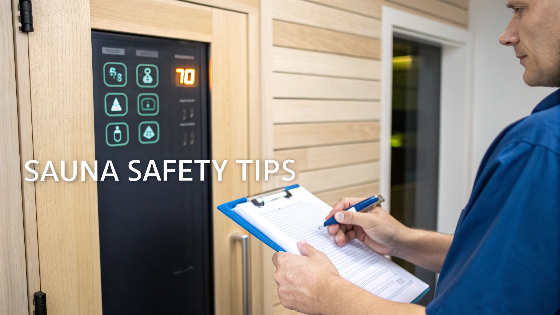 A man takes notes on a clipboard next to a sauna control panel showing "Sauna Safety Tips."