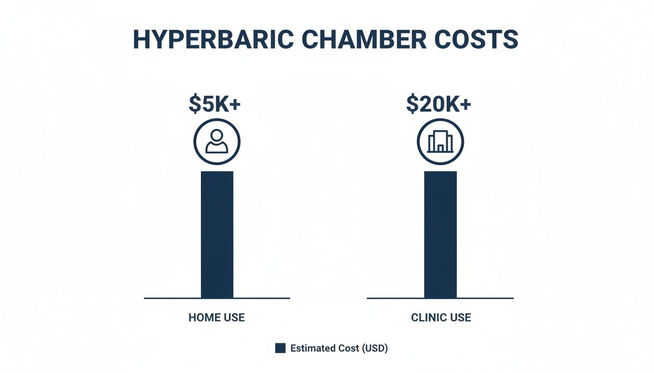 Bar chart comparing estimated hyperbaric chamber costs for home use ($5K+) and clinic use ($20K+).