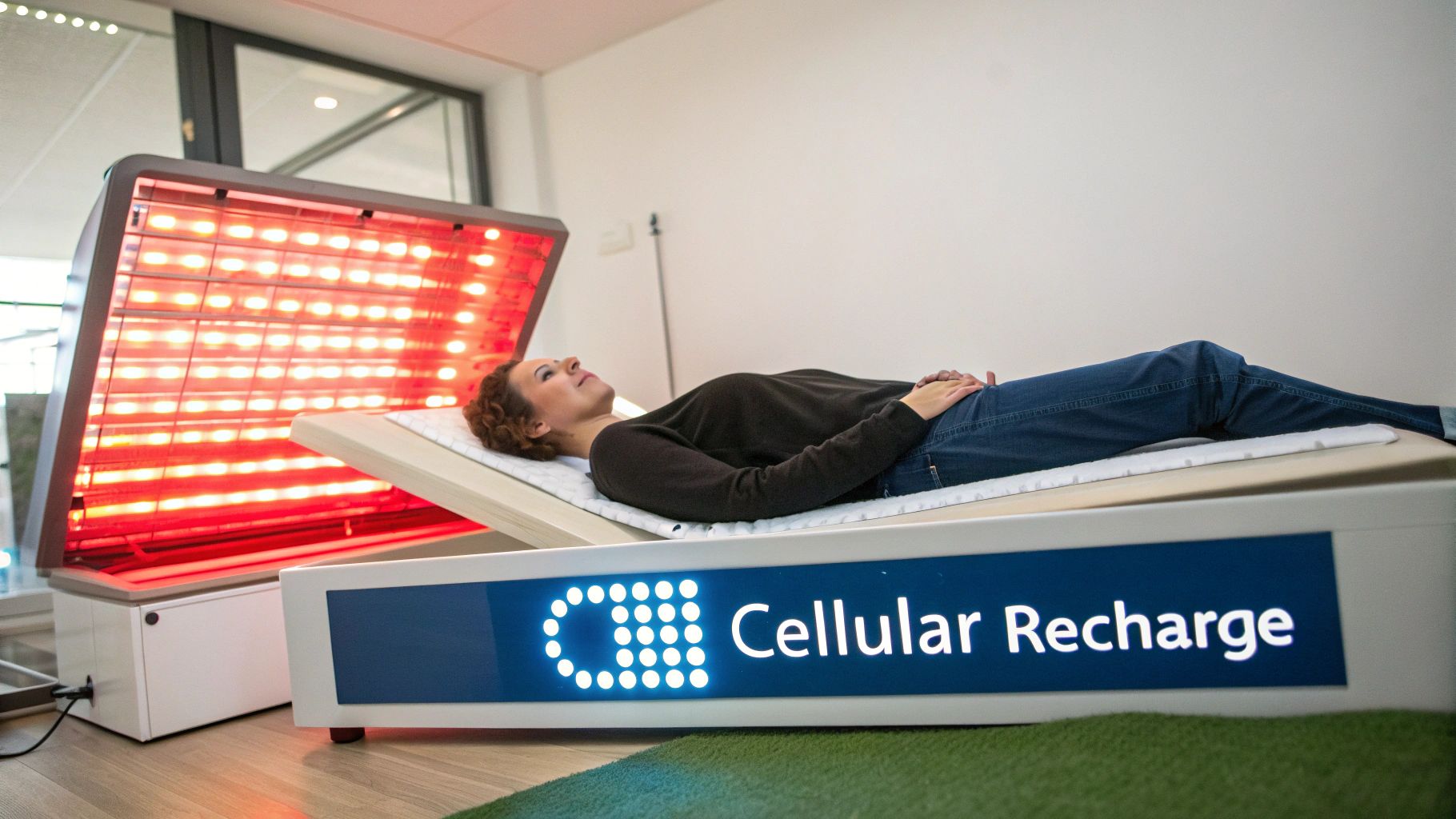 A woman relaxes on a bed receiving red light therapy from a 'Cellular Recharge' device.
