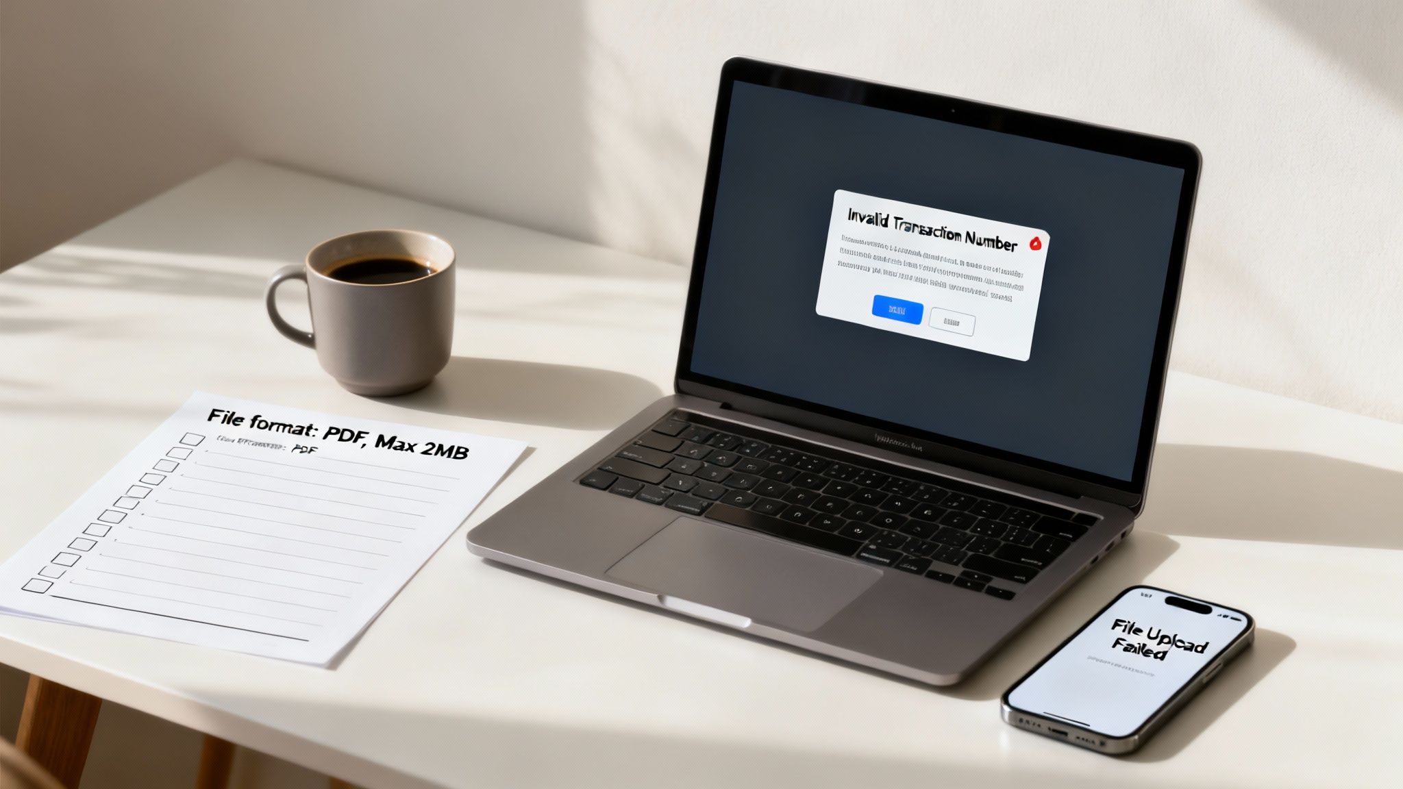 Laptop showing 'Invalid Transaction Number' error, smartphone displaying 'File Upload Failed', and a document on a desk.