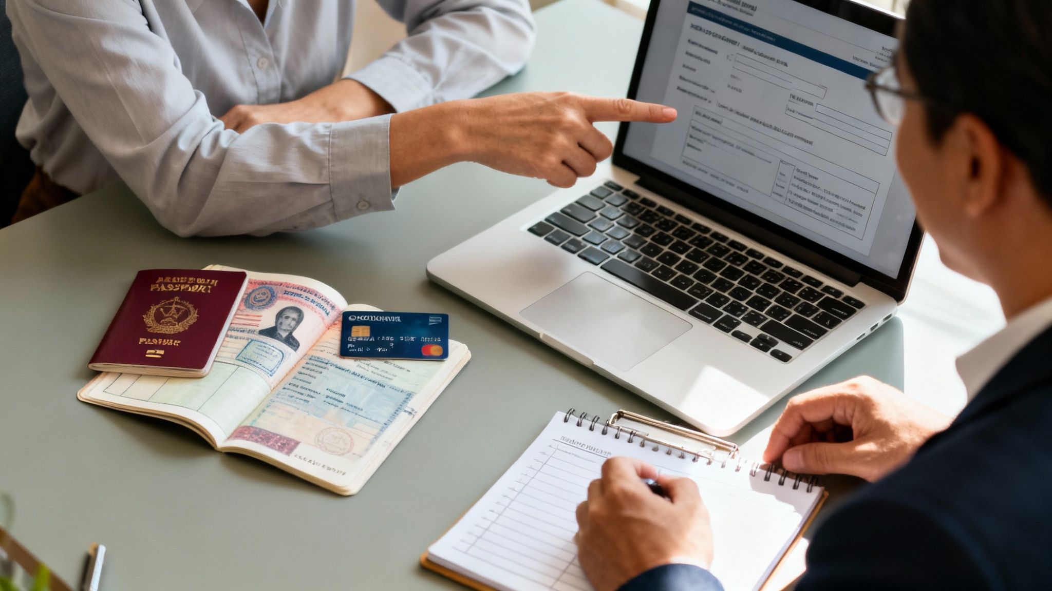 Two people discussing an online application on a laptop, with passports and a credit card.