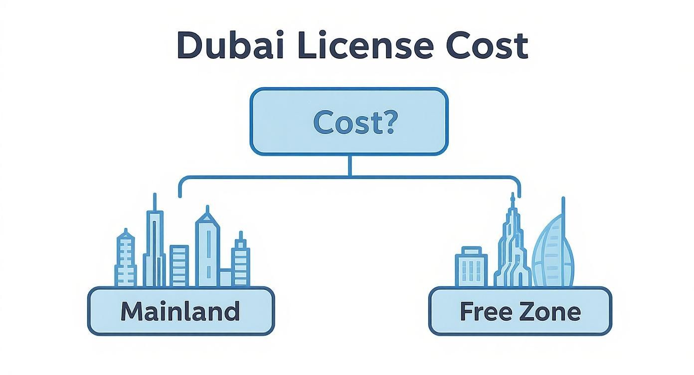 Flowchart illustrating Dubai business license costs by distinguishing Mainland and Free Zone options.