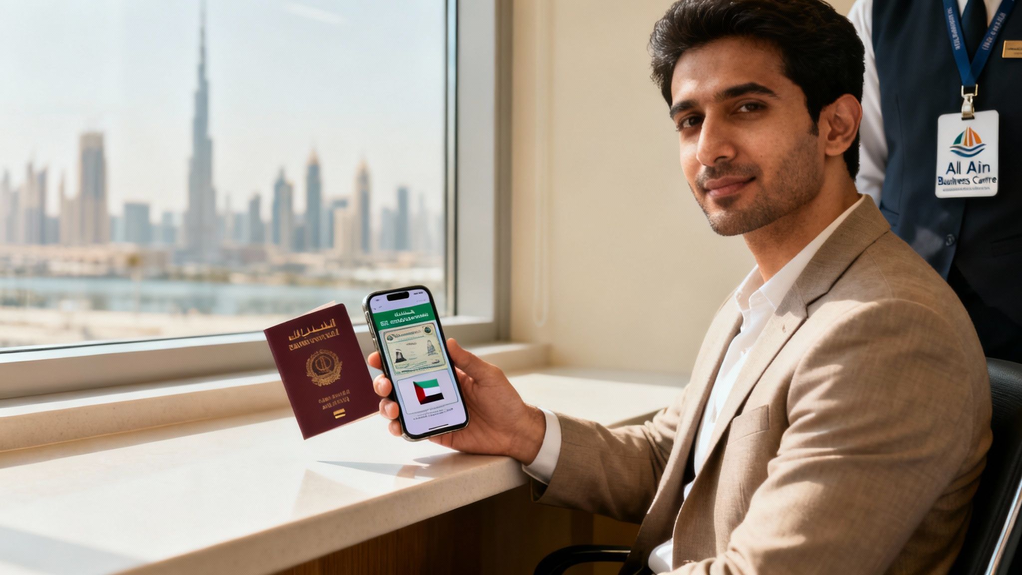 Man holds UAE passport and digital visa on phone by window with Dubai skyline.