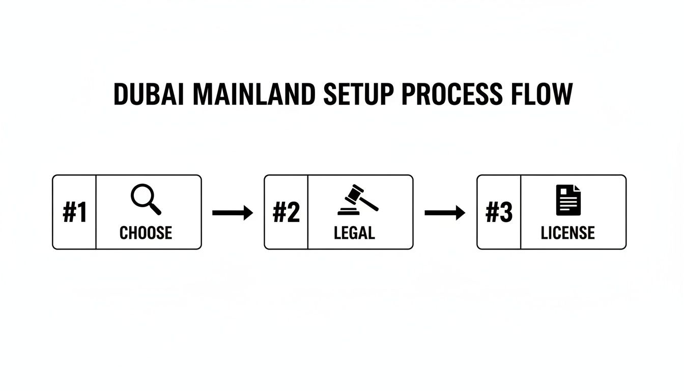 Dubai Mainland company setup process flow, outlining choose, legal, and license steps.