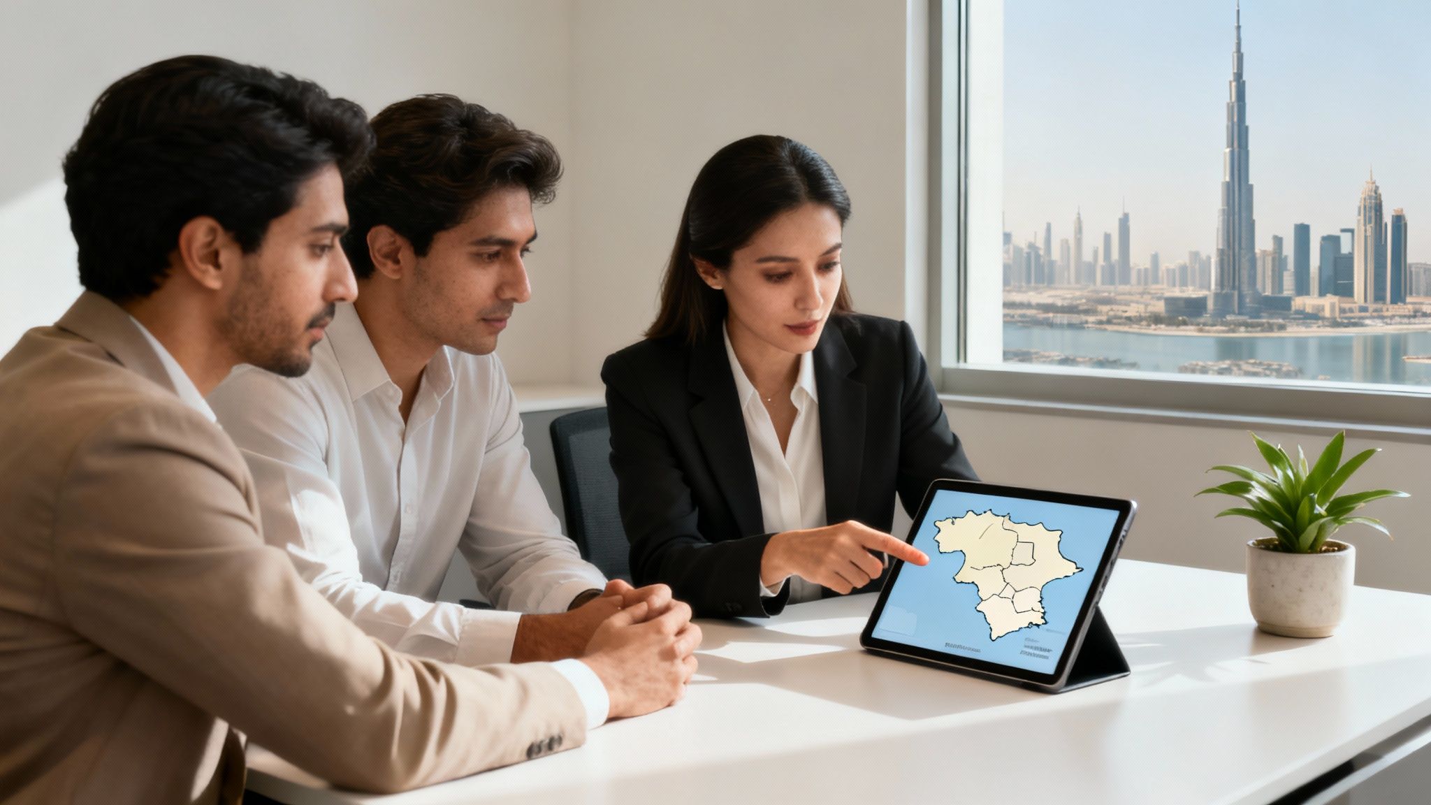 Business professionals in Dubai discuss a regional map on a tablet, with the city skyline in the background.
