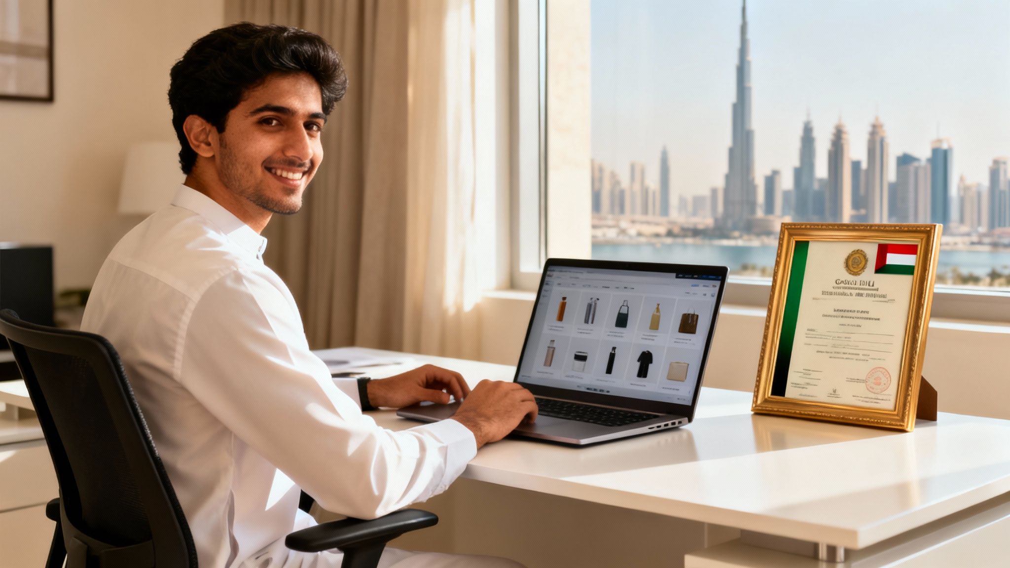 Smiling man on laptop with e-commerce store and framed business license, overlooking Dubai.