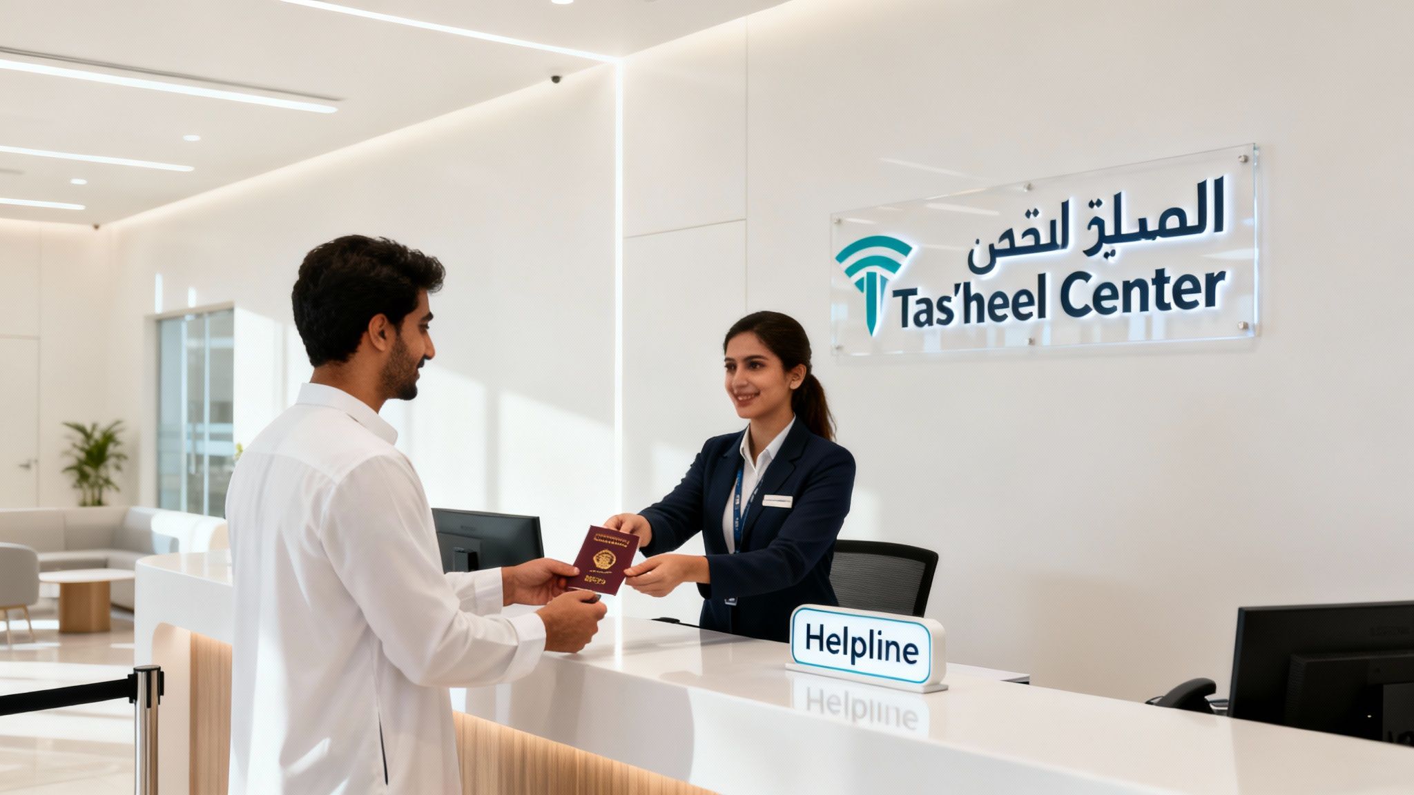 A man and a woman exchange a passport at a modern reception desk in a Tas'heel Center, with a 'Helpline' sign visible.