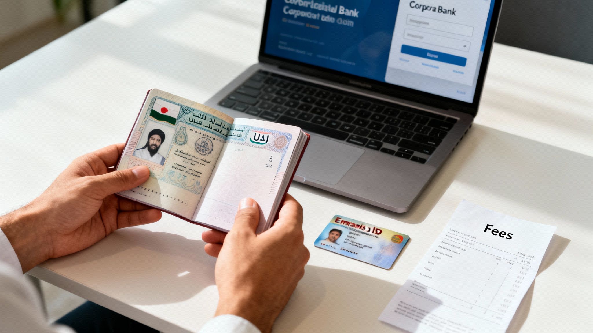 A person holding an open passport, with a laptop, Emirates ID, and fees document on a white desk.