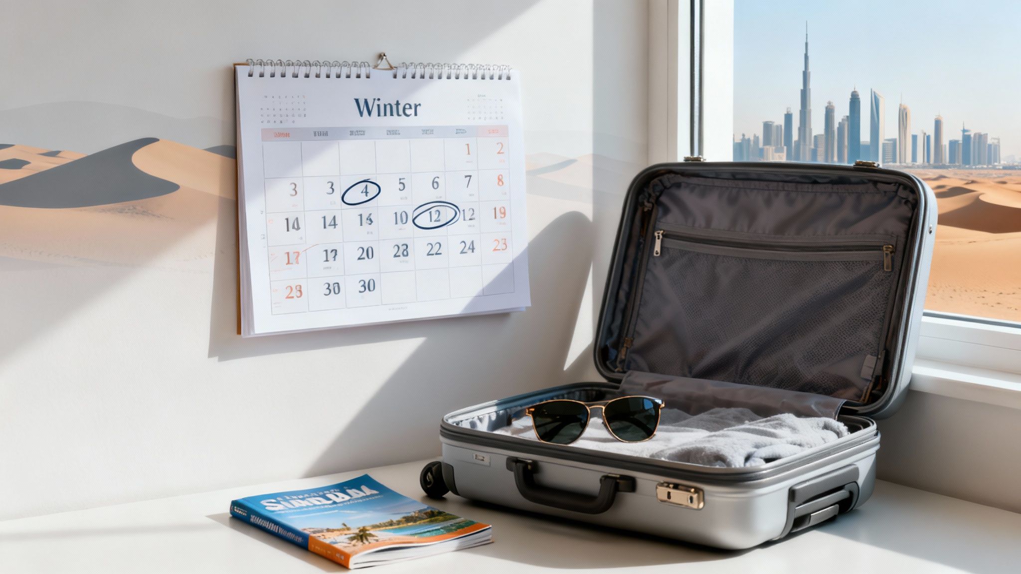 A calendar showing 'Winter' with circled dates, an open suitcase, sunglasses, and a travel magazine, indicating trip planning.