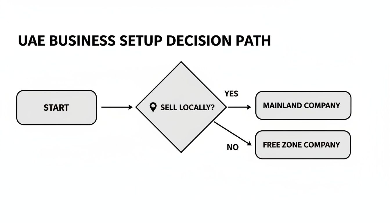 A flowchart detailing the UAE business setup decision path, starting with a question about selling locally.
