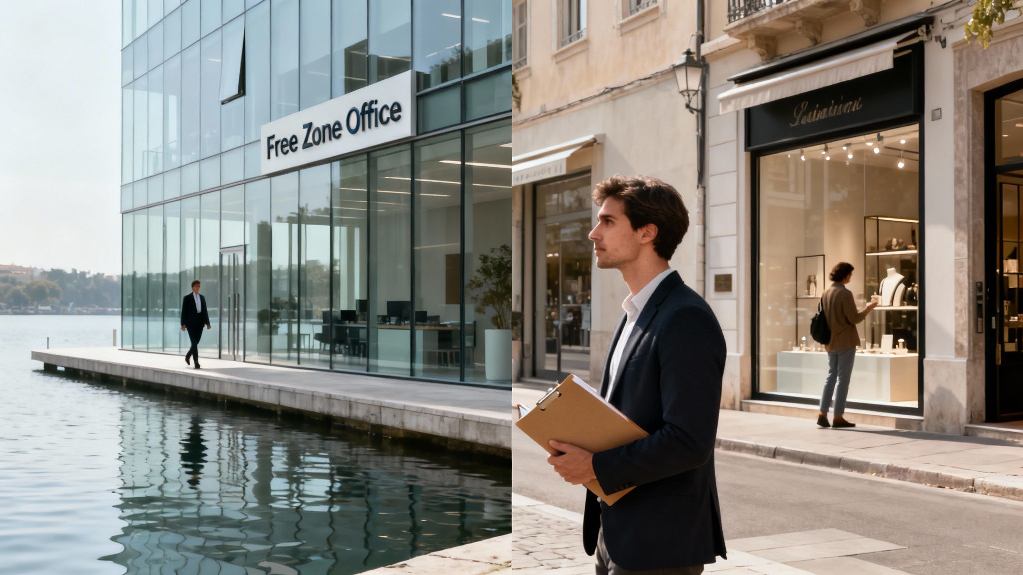 Two distinct business scenes: a modern 'Free Zone Office' by water and a man with a clipboard on a city street.