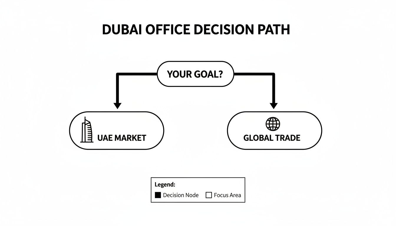 Decision path diagram for a Dubai office, illustrating choices between UAE market focus and global trade goals.