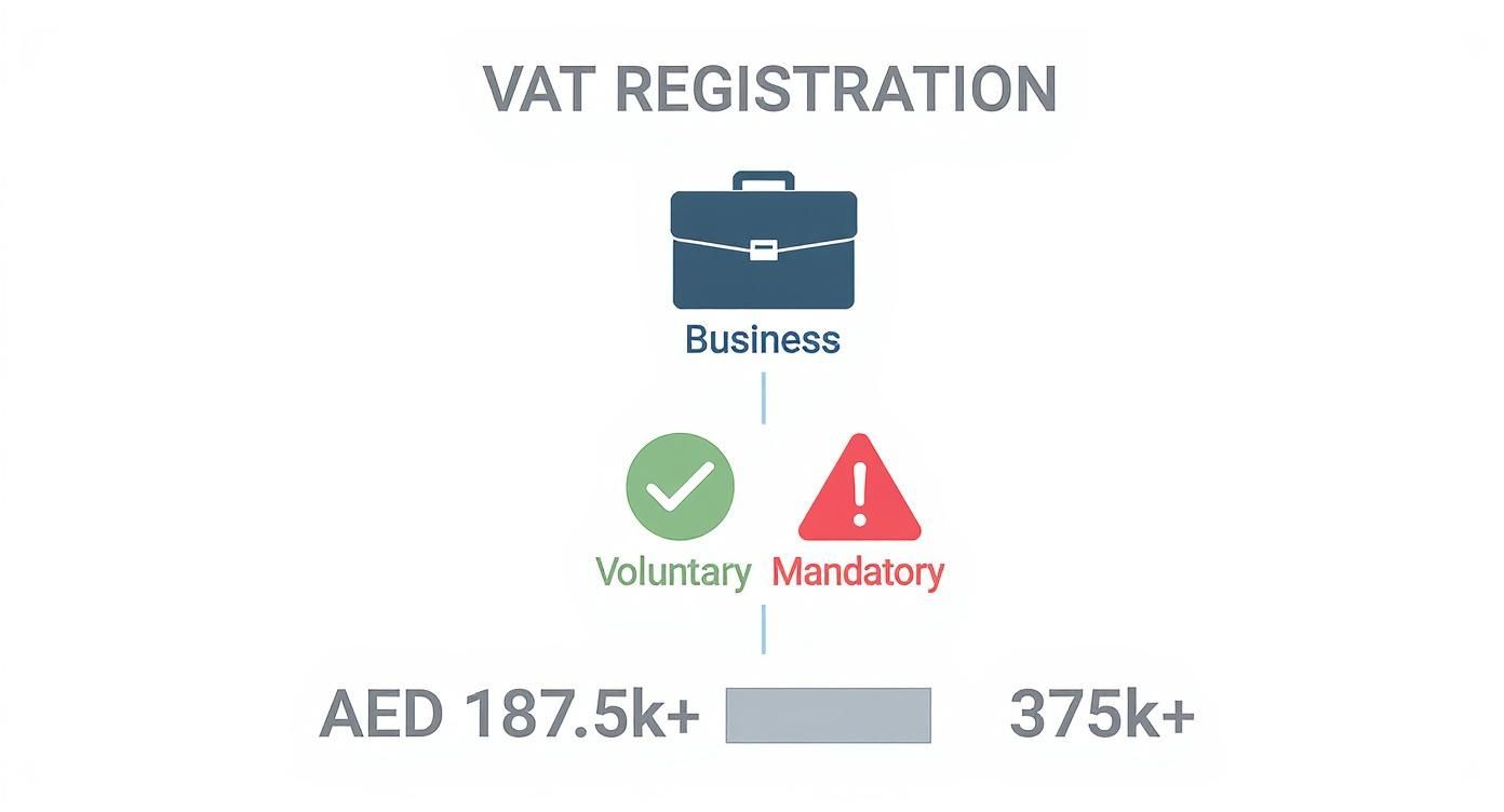 VAT registration flowchart showing voluntary versus mandatory business registration with AED thresholds of 187.5k and 375k