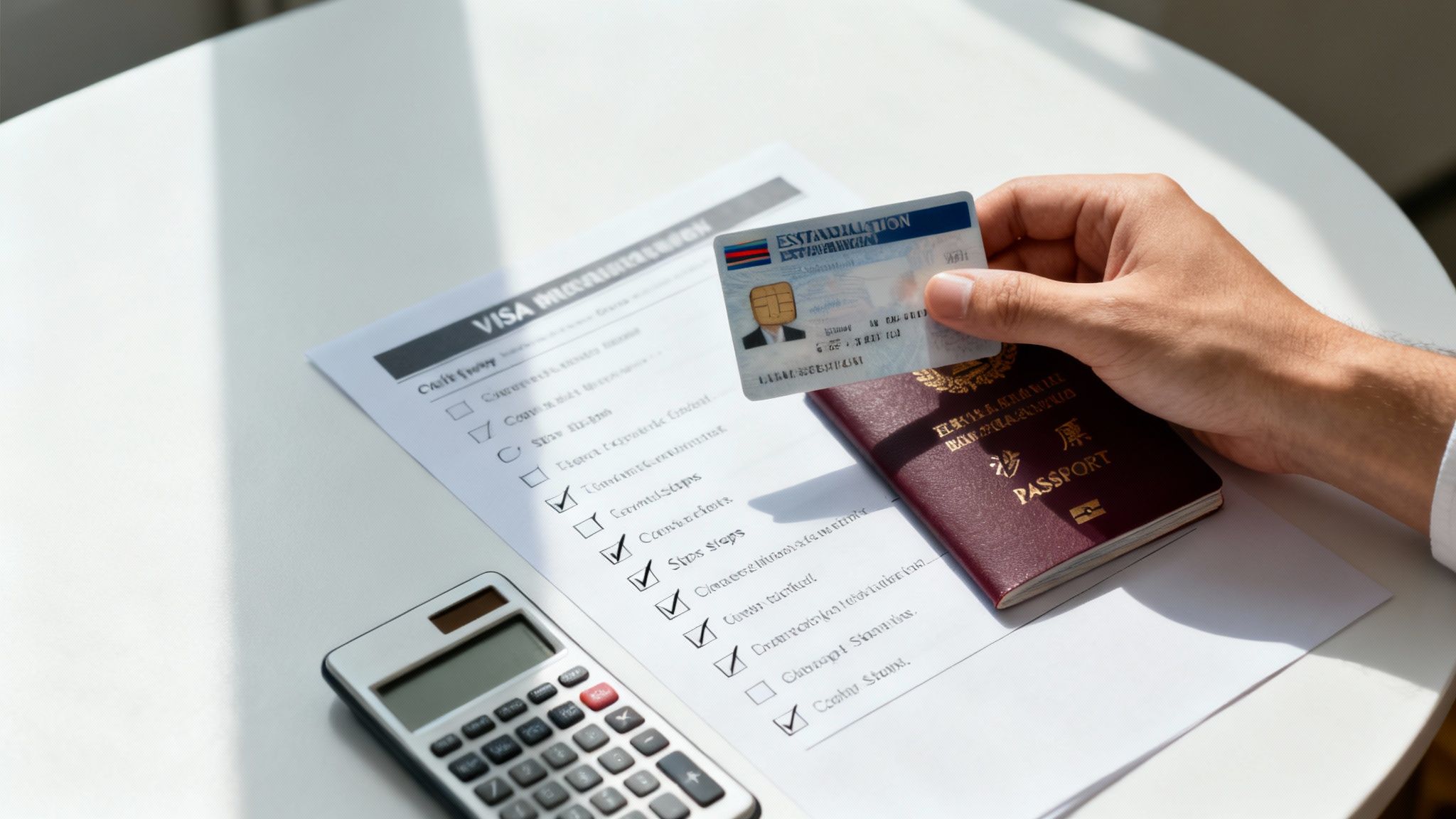 Person's hand holding a document over a passport and a visa application form with a calculator.