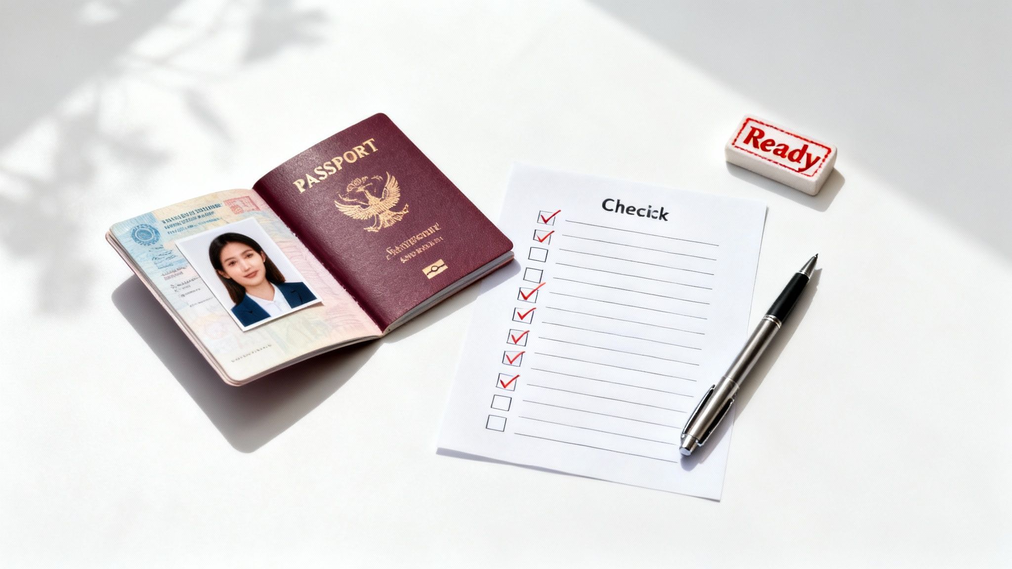 An open Thai passport with a woman's photo, a checklist, pen, and a 'Ready' stamp on a white surface, signifying travel preparation.