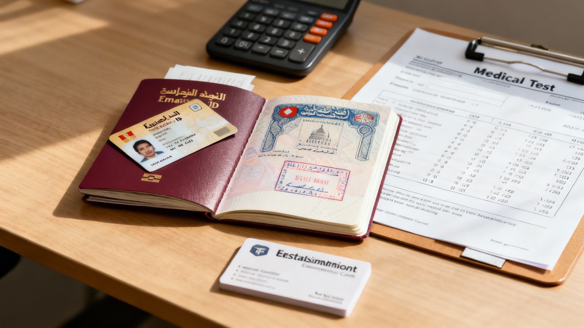 Business documents and a passport on a desk