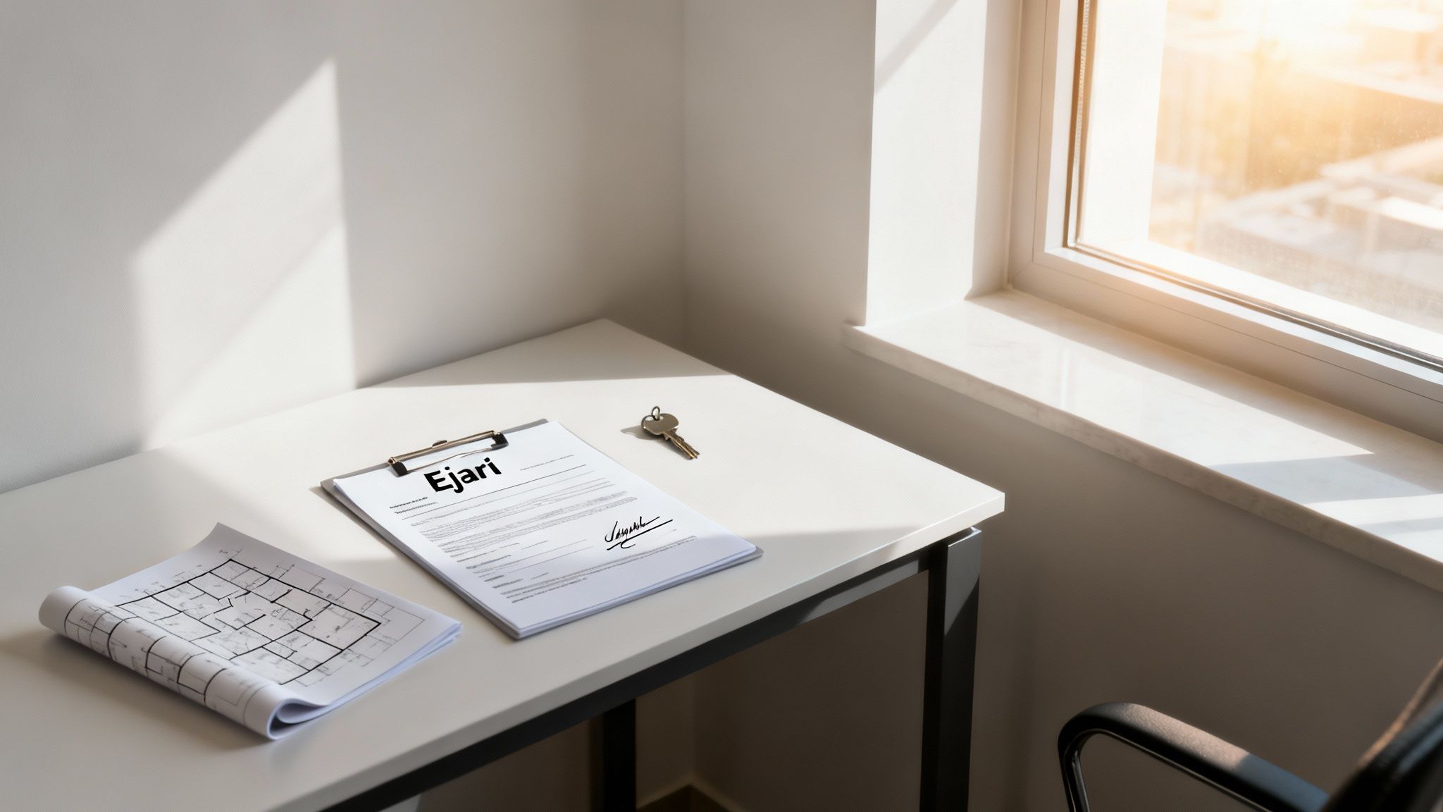 Desk with Ejari document, house key, and blueprints by a sunny window, symbolizing real estate.
