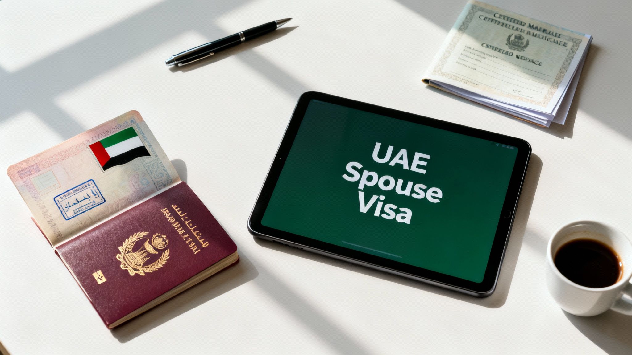 A tablet displaying 'UAE Spouse Visa', passports, and a marriage certificate, with a pen and coffee.