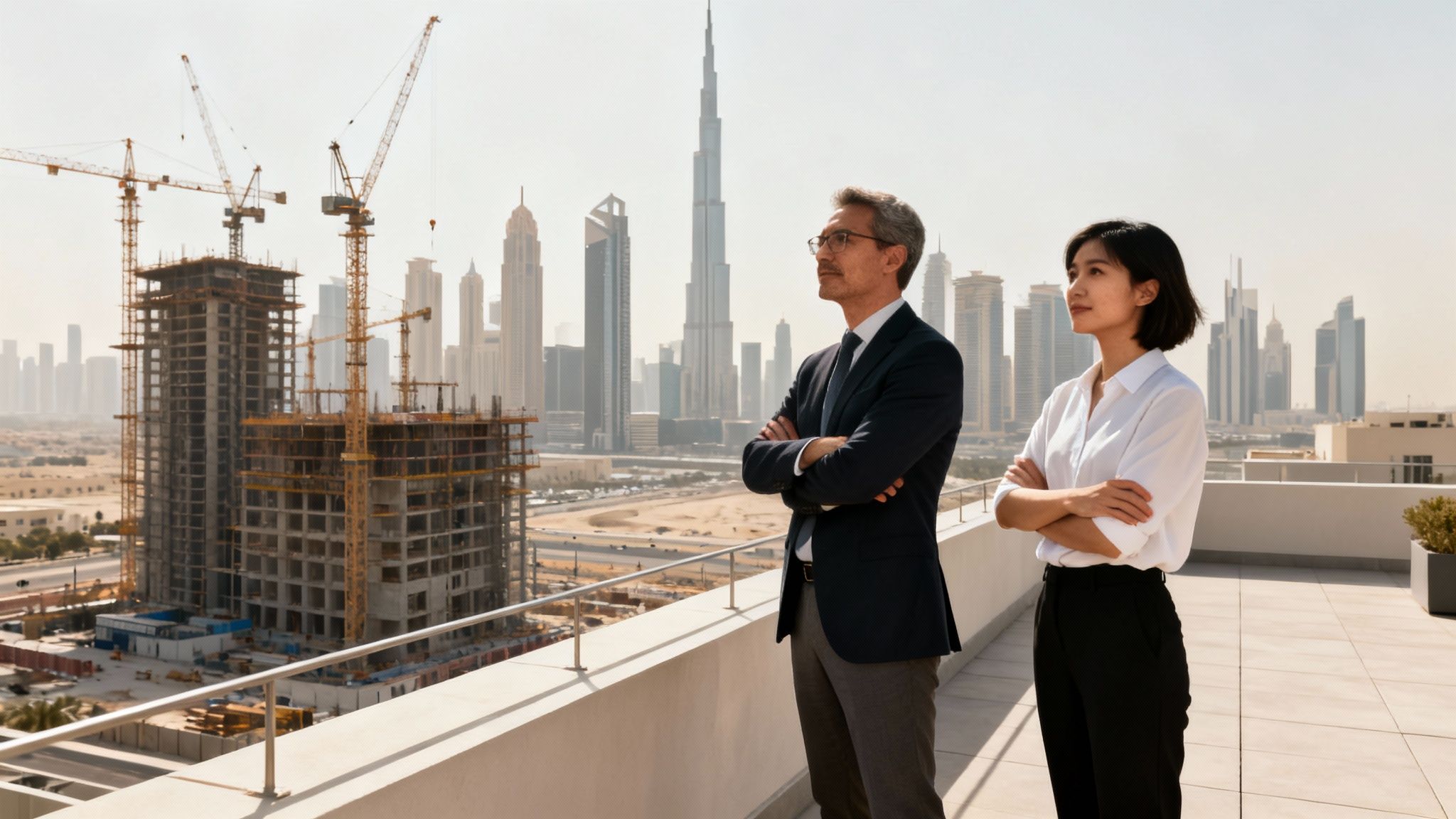 Diverse business professionals on a rooftop viewing a sprawling city skyline with active construction.