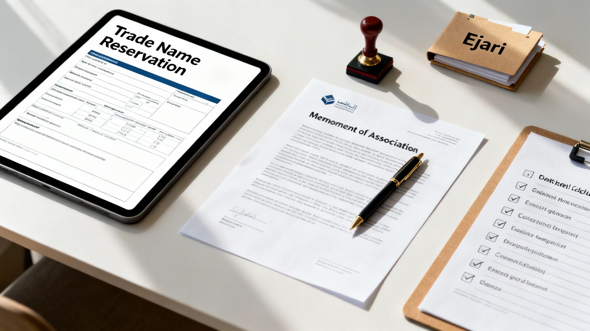 A tablet displays 'Trade Name Reservation' next to business documents, a pen, and a clipboard.
