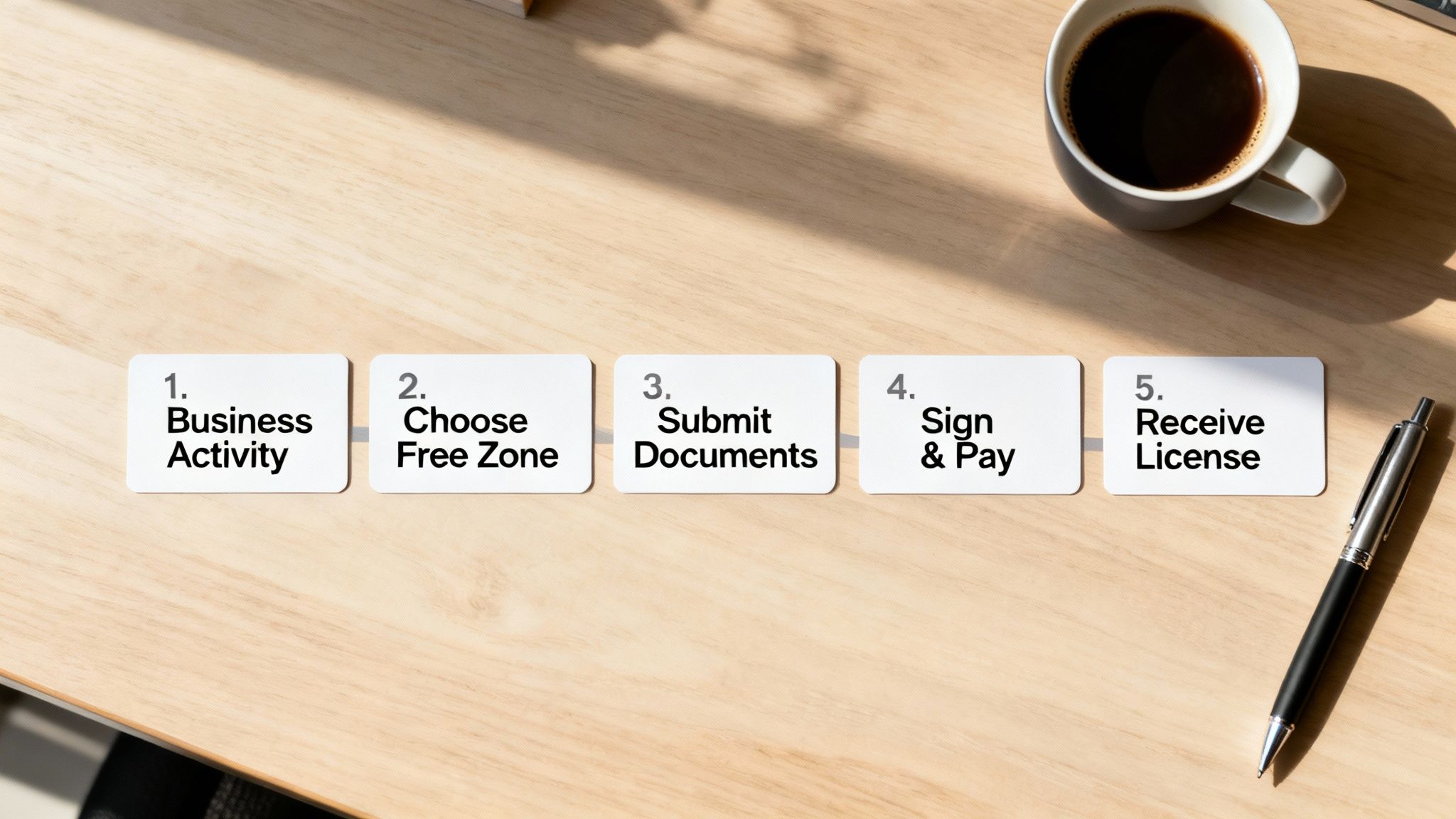 Numbered cards on a desk illustrate a five-step business licensing process: activity, free zone, documents, payment, and license receipt.
