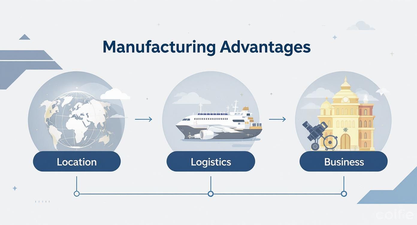 Infographic illustrating manufacturing advantages, covering global location, logistics, and business operations.