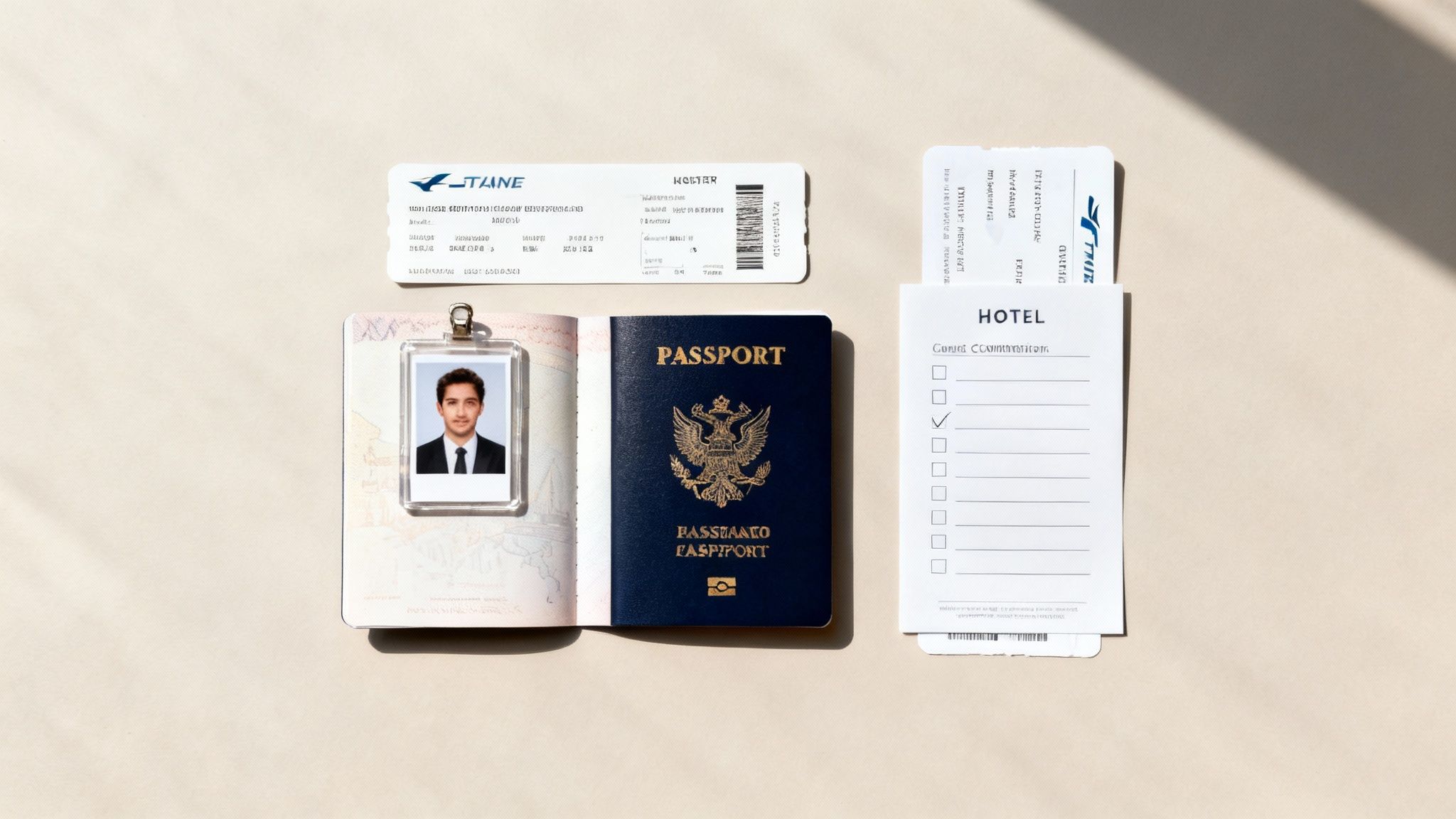 Flat lay of essential travel documents, including an open passport, a closed US passport, a boarding pass, and a hotel checklist.