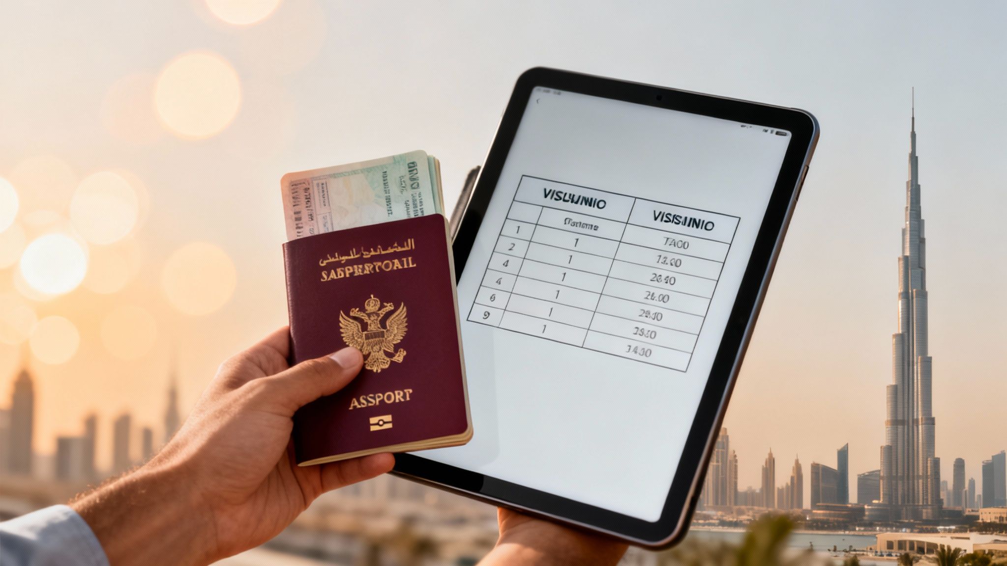 A hand holds a passport and tablet displaying data, with the Dubai skyline and Burj Khalifa in the background.