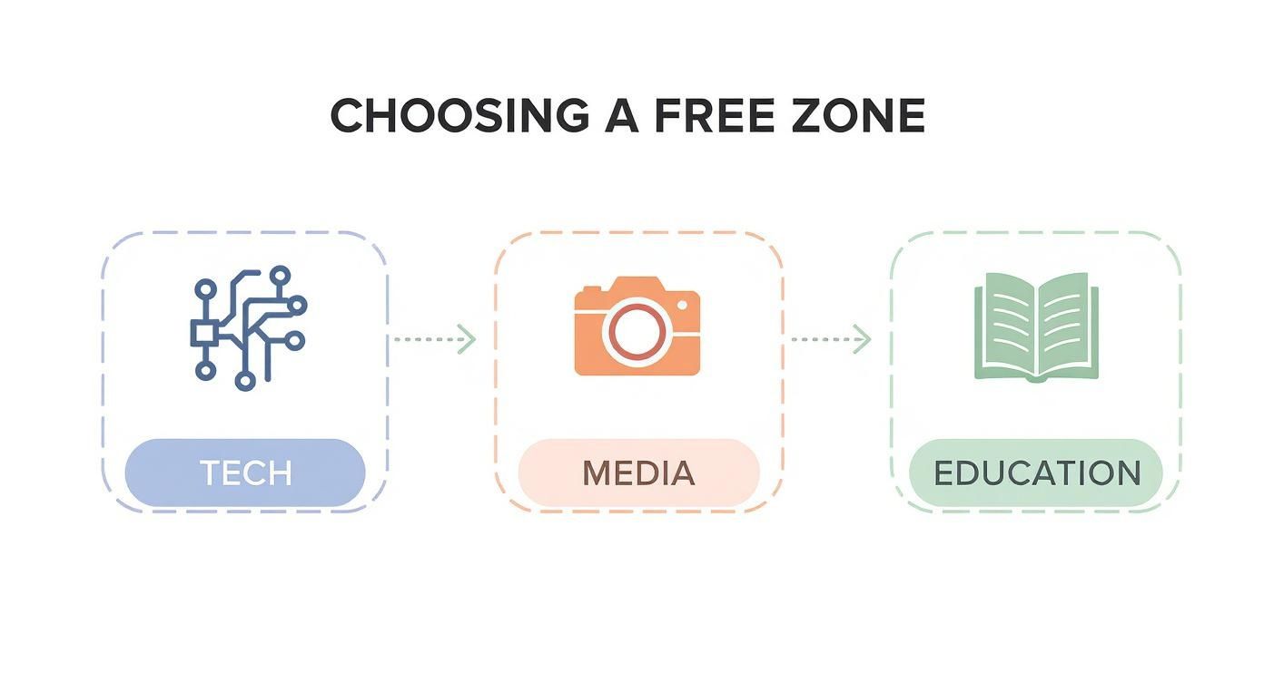 Infographic showing a process flow for choosing a freelance visa free zone based on industry: Tech, Media, and Education