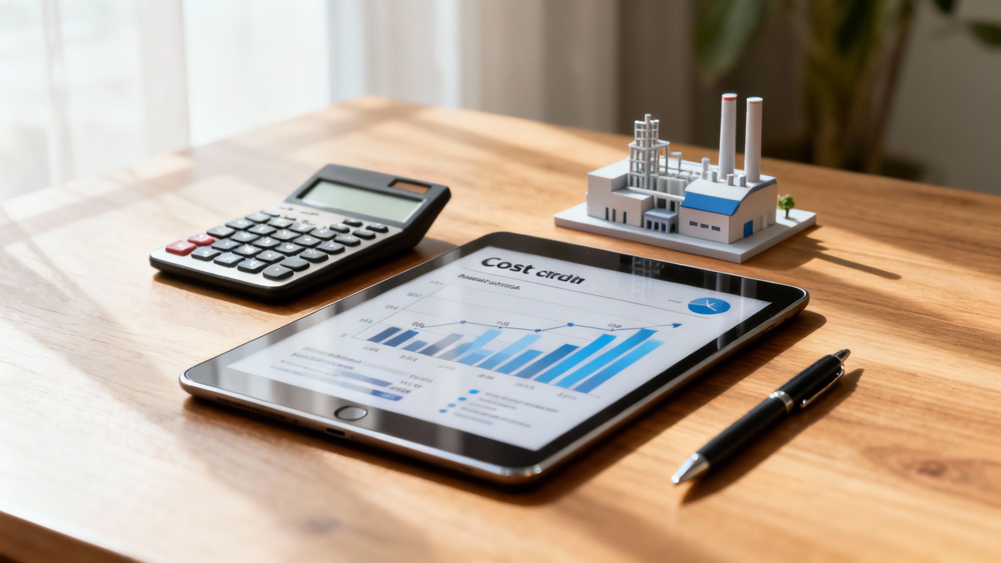 Tablet displays cost analysis chart, with a calculator and factory model on a wooden desk.