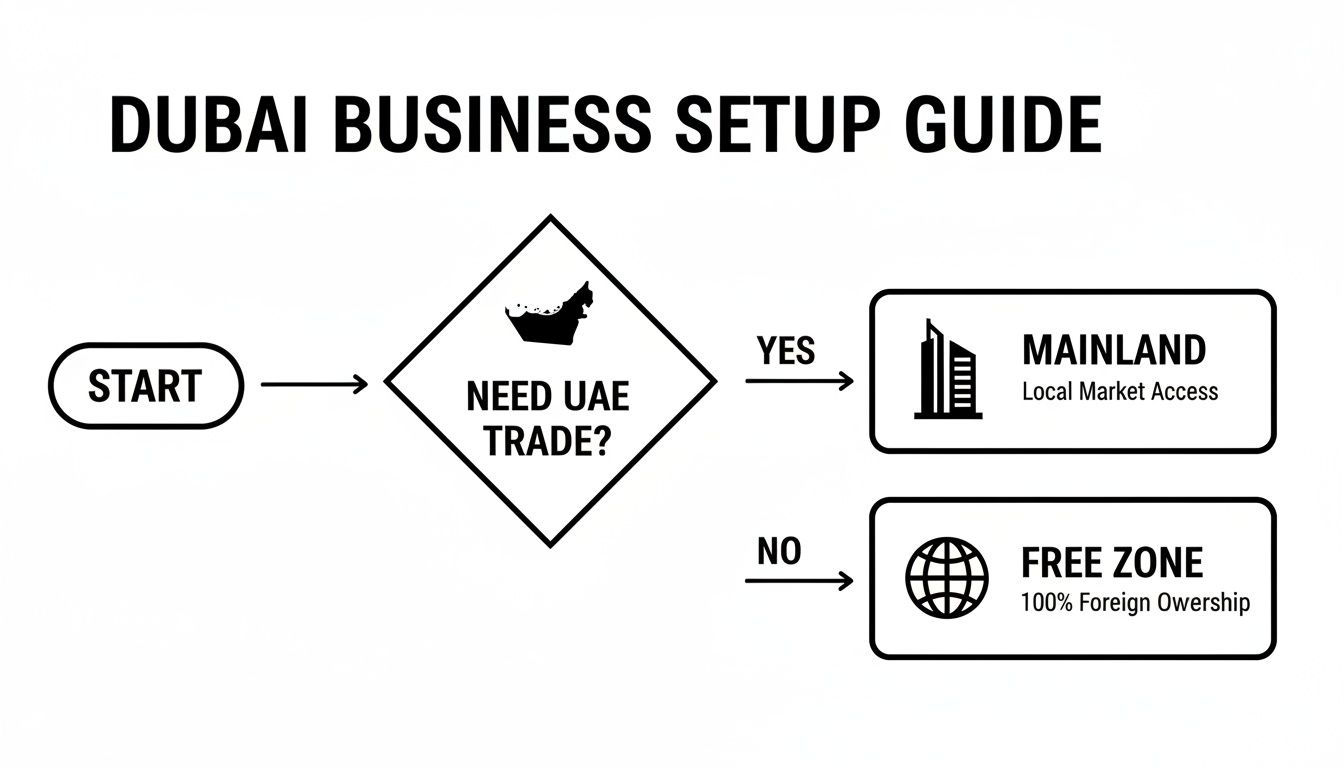 Dubai business setup guide flowchart explaining options for mainland or free zone depending on UAE trade needs.