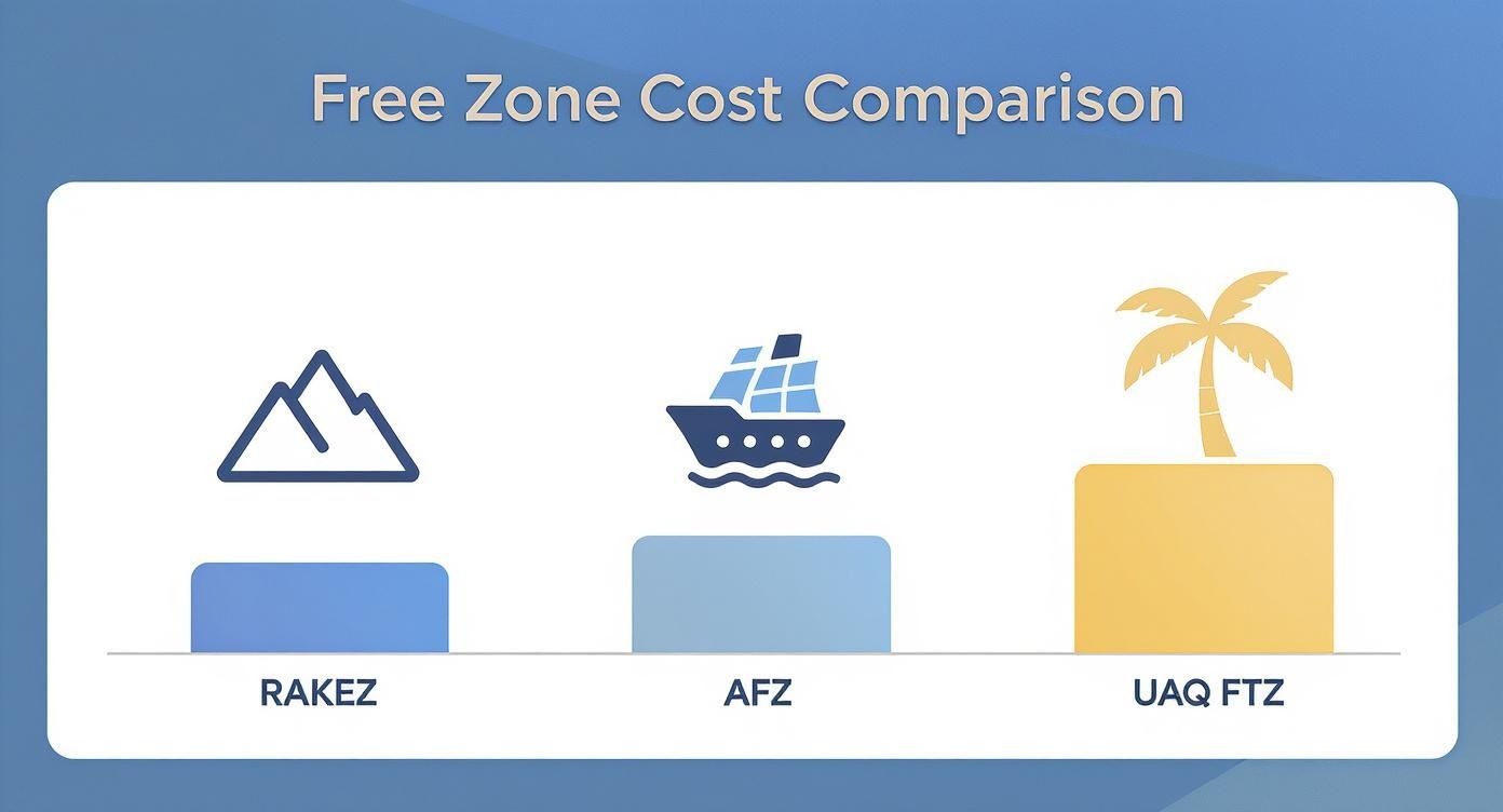 Bar chart comparing Free Zone costs: RAKEZ, AFZ, UAQ FTZ, indicating UAQ FTZ as the most affordable.