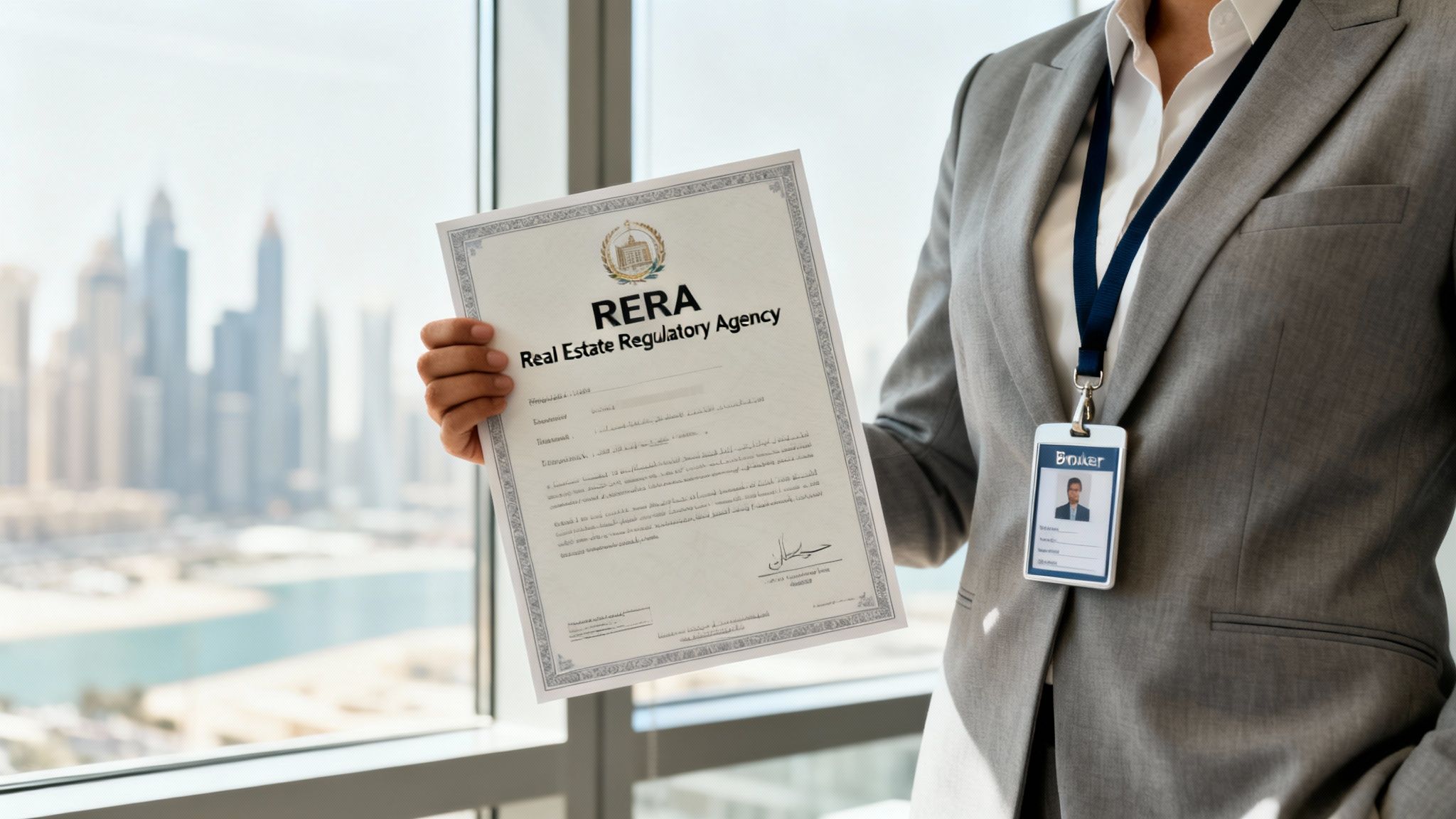 A business professional in a suit holds a RERA Real Estate Regulatory Agency certificate, with a city skyline view.